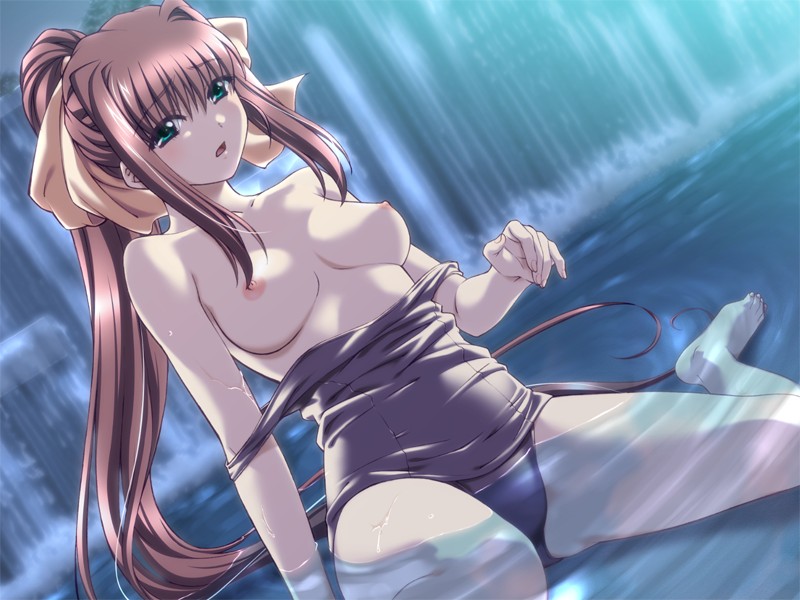 bare_shoulders barefoot bow breasts dutch_angle female_only game_cg green_eyes hairbow long_hair nanase_ren night_shift_nurses nipples official_art one-piece_swimsuit open_mouth pink_hair ponytail pull pulling santa_maria santa_matsuri school_swimsuit sitting solo swimsuit swimsuit_pull tied_hair topless undressing very_long_hair wariza water wet yakin_byoutou