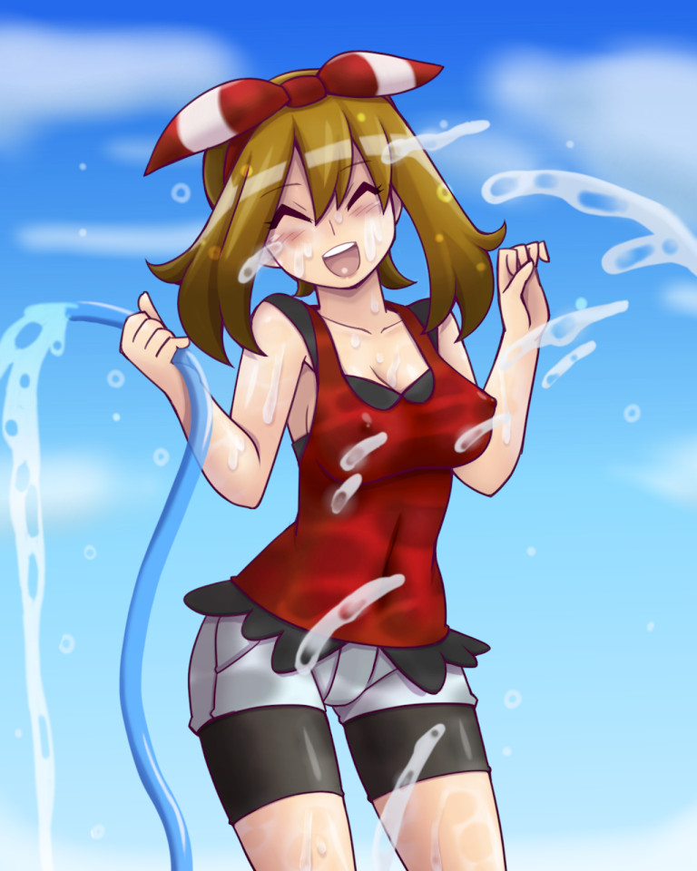 blush, breasts, brown hair, cleavage, closed eyes, erect nipples, female, female only, hair ornament, human, human only, may (pokemon oras), may (pokemon), navel, nipples, pokemon, smile, solo, tsumitani daisuke, wet clothes