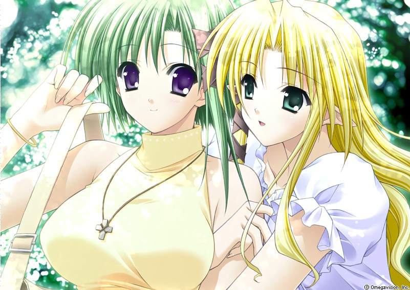 2girls blonde_hair blue_eyes breasts cross female game_cg green_eyes green_hair jewelry kareha long_hair multiple_girls necklace official_art pointy_ears shigure_asa short_hair shuffle! yuri