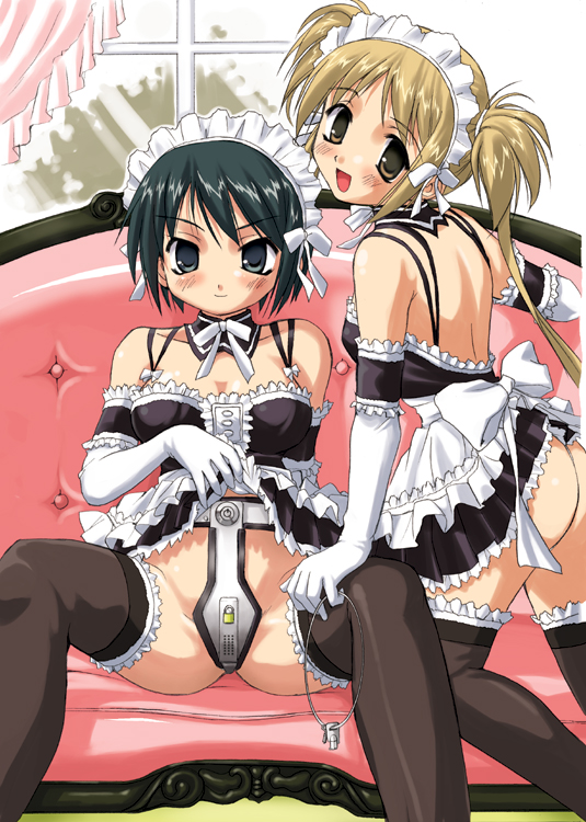 2girls arm_garter ass bare_shoulders black_hair black_legwear black_thighhighs blonde_hair bondage bonnet bowtie brown_eyes chastity chastity_belt chastity_device elbow_gloves female female_chastity female_only garter_belt gloves green_hair kore_ga_watashi_no_goshujin-sama maid maid_headdress multiple_girls sawatari_izumi sawatari_mitsuki sitting skirt skirt_lift spread_legs thighhighs tied_hair tk_(takotsuboya) twintails upskirt