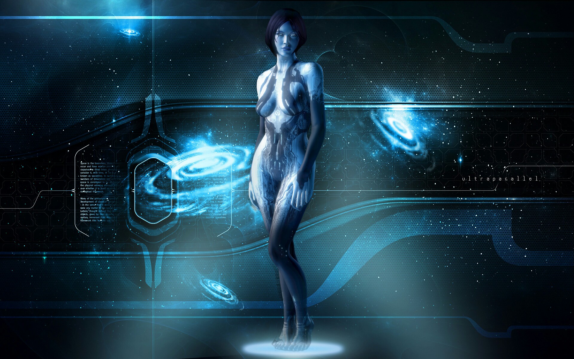 2016, 3d, artificial intelligence, breasts, cortana, cortana v2, female, female focus, female only, full body, hair, halo (game), halo (series), halo 4, official, official art, official style, short hair, sole female, solo, space, wallpaper