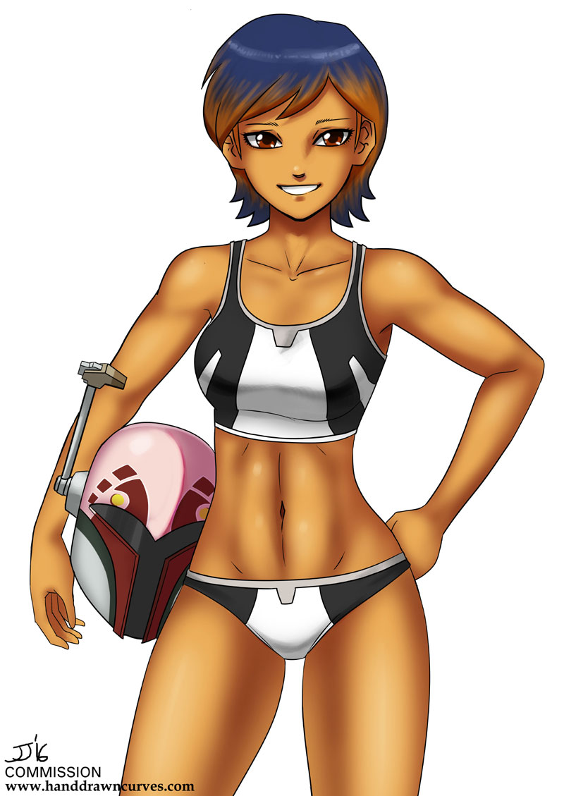 1girls, 2016, bra, female, female only, headgear, helmet, hi res, humanoid, john joseco, looking at viewer, mandalorian, navel, panties, pose, red eyes, sabine wren, simple background, smile, solo, standing, star wars, star wars rebels, text, thighs, white background
