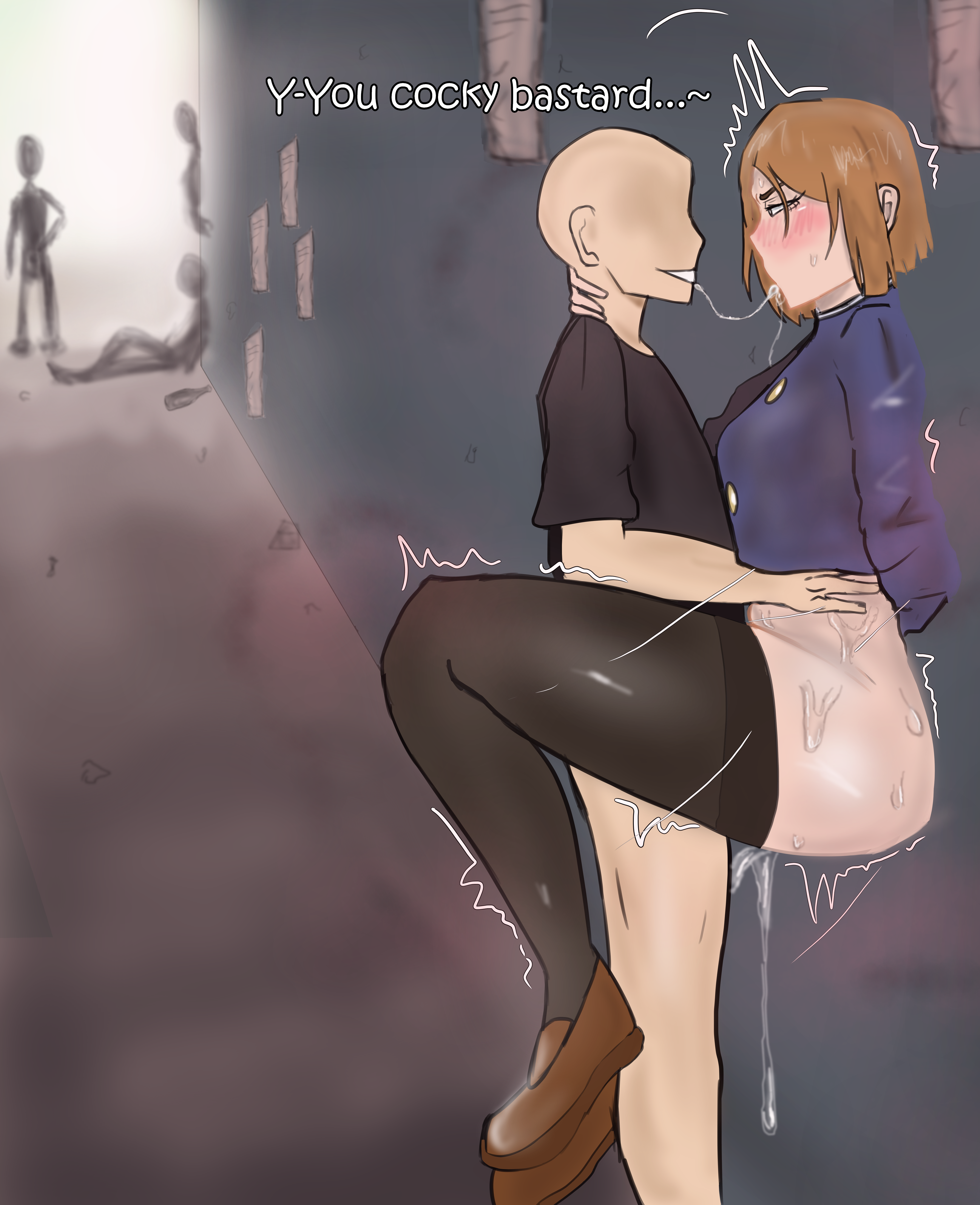 1boy, 1girls, against wall, asian female, azazelinp, brown eyes, brown hair, brown-haired female, comic, female, free use, fucked into submission, fucked silly, grabbing, half naked, half-dressed, jujutsu kaisen, kugisaki nobara, legs wrapped around partner, orange hair, public, public nudity, public sex, public use, saliva drip, saliva trail, sweating, tsundere, white skin