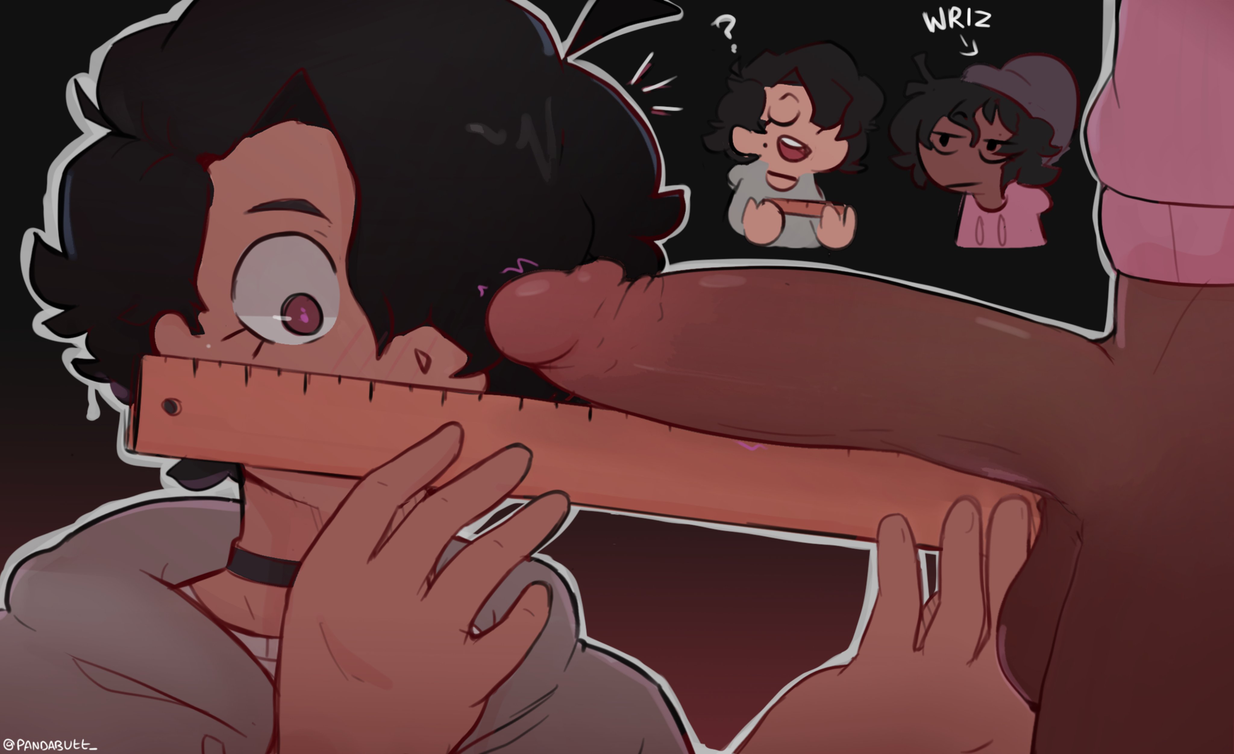 2boys, big penis, black femboy, dark skin, dark-skinned femboy, dark-skinned male, dark-skinned sissy, dark-skinned twink, femboy, gay, hair over one eye, interracial, male, measuring penis, pandabutt, penis, penis measuring, pj (pandabutt), shocked eyes, tan skin, tan-skinned femboy, tan-skinned male, tan-skinned twink, wriizzyarts, yaoi