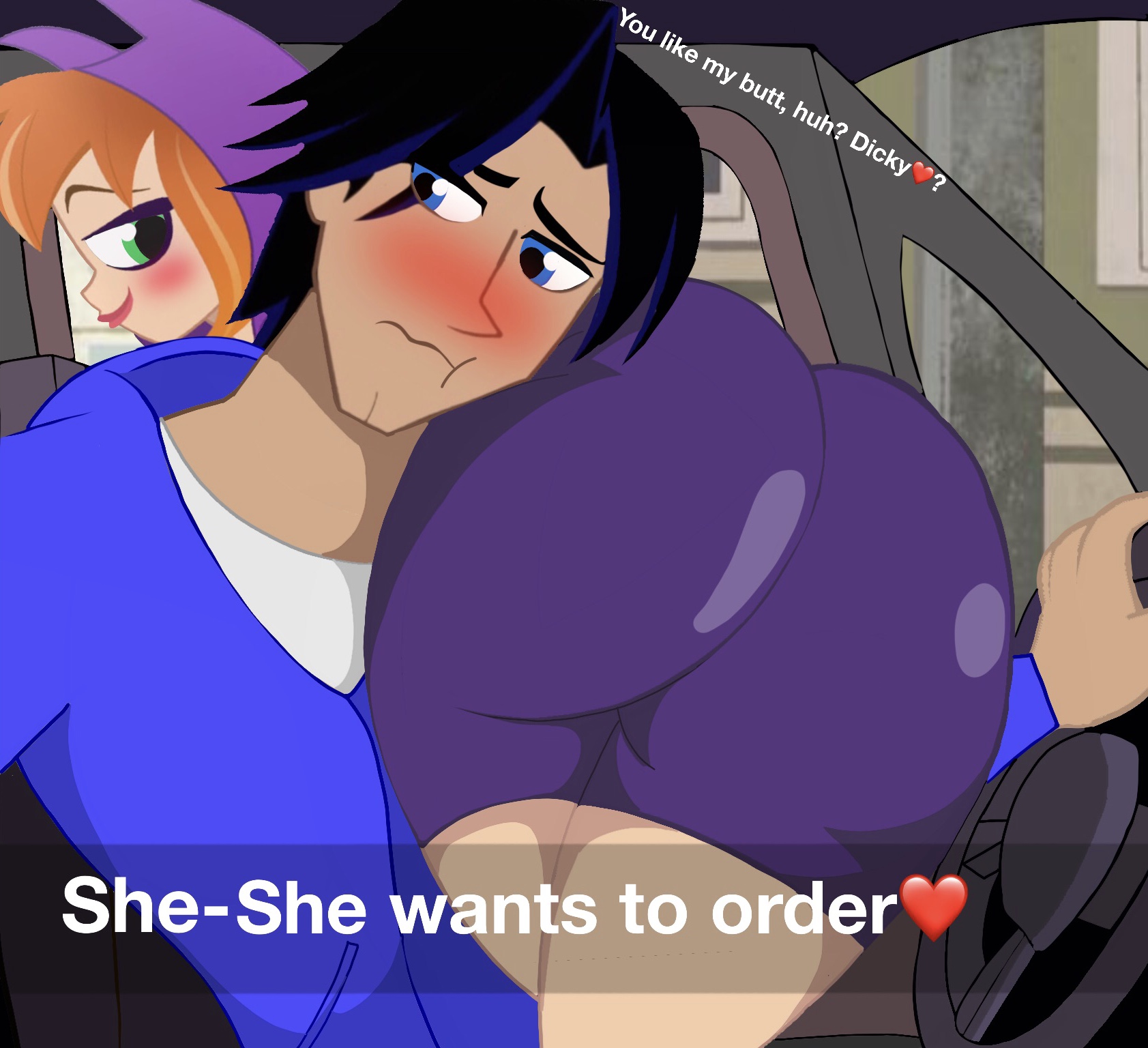 1boy, 1girls, ass, background, barbara gordon, batgirl, big ass, boyfriend-girlfriend, car, couple, curvy, curvy female, dc, dc comics, dc super hero boys, dc super hero girls, dialogue, dick grayson, djpaint96 ii, djpaint96-ii, embarrassed male, enjoying, fat ass, fat butt, female, happy female, head on ass, huge ass, lucky, male, nightwing, she wants to order, shy, shy male, snapchat, thighs, thighs together, tiny female