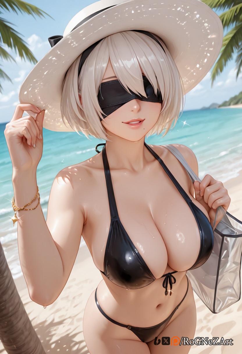 2025, ai generated, bag, bare shoulders, beach, bikini, black bikini, black blindfold, black hairband, black ribbon, blindfold, bracelet, breasts, cleavage, collarbone, day, female, female focus, female only, front-tie top, hairband, hand on headwear, hat, jewelry, large breasts, lips, looking at viewer, mole, mole under mouth, navel, nier, nier (series), nier: automata, ocean, outdoors, palm tree, parted lips, rognezart, sand, short hair, sky, smile, solo, sun hat, swimsuit, tree, wet, white hair, yorha 2b
