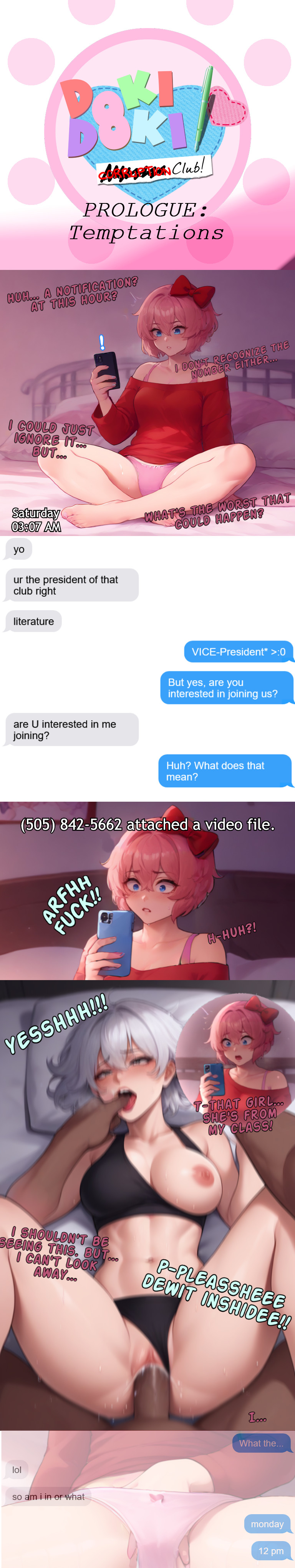 1boy, 1girls, ai assisted, ai generated, black bra, black panties, blue eyes, blush, bra, breasts, breeding, breeding request, clothed, clothed female nude male, clothed sex, comic, comic strip, corruptcrafts, cum, cum inside, dark skin, dark-skinned male, dialogue, doki doki literature club, english text, erect nipples, female, female pervert, finger in another's mouth, finger in mouth, fingering, getting horny, hairbow, hand in own panties, hand in panties, hand under clothes, hands under clothes, holding, holding object, holding phone, horny, implied fingering, implied masturbation, male, medium breasts, motion blur, motion lines, nipples, off shoulder, off-shoulder shirt, on bed, one breast out, panties, panties aside, phone, pink hair, pussy, sayori (doki doki literature club), sexting, shocked, short hair, silver hair, small breasts, sports bra, surprised, tagme, texting, vaginal penetration, watching, watching porn, white hair