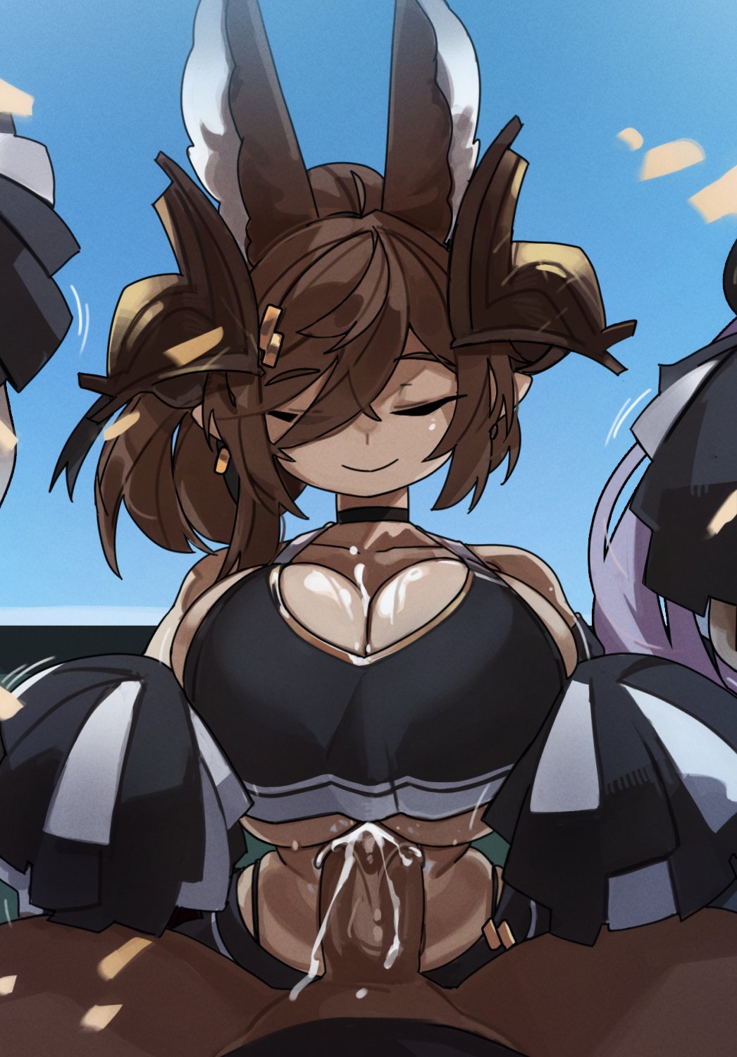 1boy, 1girls, 2025, 2d, 2d (artwork), animal ears, big breasts, breasts, breasts bigger than head, cheerleader, cheerleader uniform, choker, closed eyes, cum, dark skin, dark-skinned male, draph race (granblue fantasy), ejaculation, ejaculation between breasts, erune race (granblue fantasy), female, galleon (granblue fantasy), granblue fantasy, granblue fantasy versus, hair ornament, horns, horse ears, light skin, light-skinned female, male, paizuri, paizuri lead by female, paizuri over clothes, paizuri with gigantic breasts, penis, penis between breasts, pointy ears, ponytail, smile, voluptuous, voluptuous female, zanamaoria