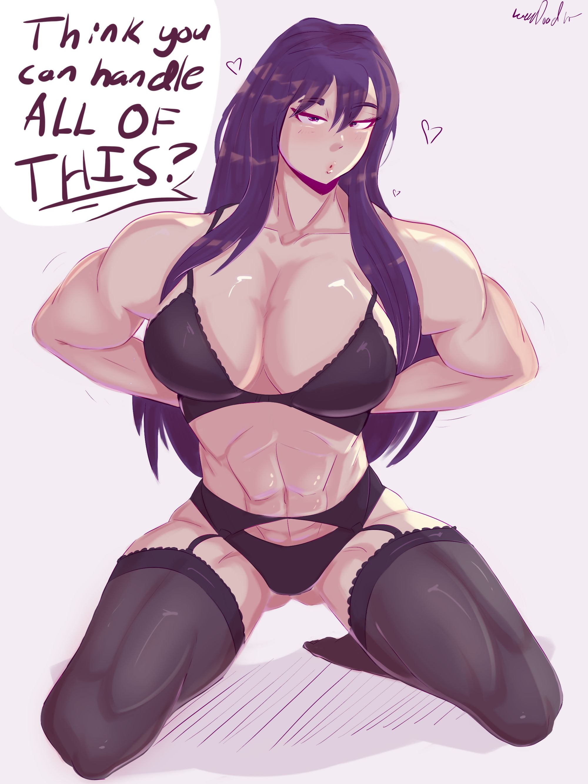 abs, arms behind back, biceps, big breasts, big girl, bikini, breasts, doki doki literature club, female, lewddoodler, long hair, muscular, muscular arms, muscular female, muscular legs, purple hair, seductive body, seductive gaze, team salvato, thick thighs, yuri (doki doki literature club)