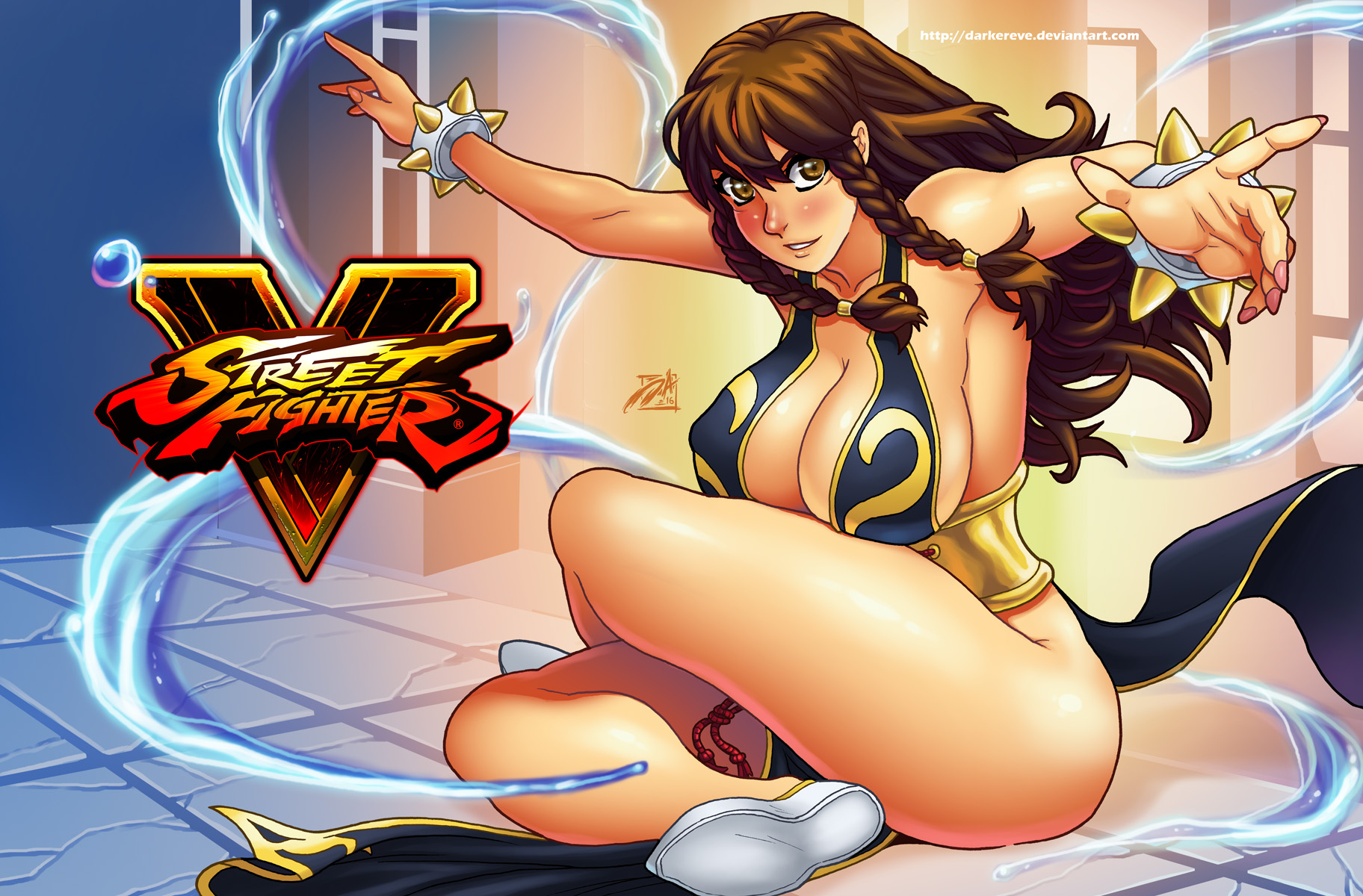 alternate costume, alternate hairstyle, breasts, brown eyes, brown hair, capcom, chun-li, chun-li (battle ouffit sfv), cleavage, darkereve, dress, female, large breasts, long hair, sitting, solo, street fighter