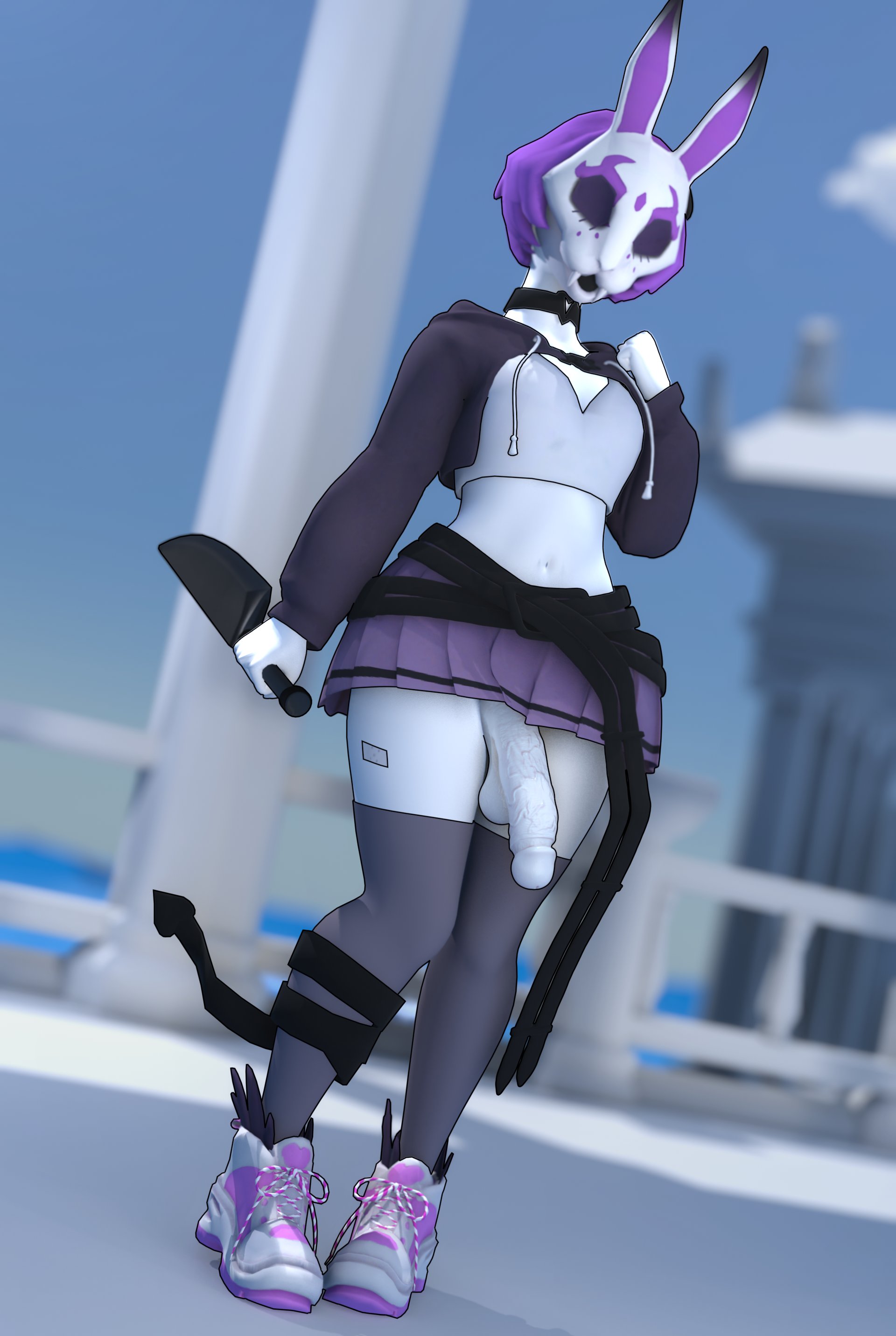 1futa, 3d, alternate version available, ass, balls, big penis, bottomless, bottomless skirt, breasts, choker, clothed, futa only, futanari, hoodie, huge cock, intersex, knife, mask, neon violet, neon white, no panties, penis, purple hair, short hair, skirt, solo, solo focus, stockings, thick ass, thick thighs, vensaku