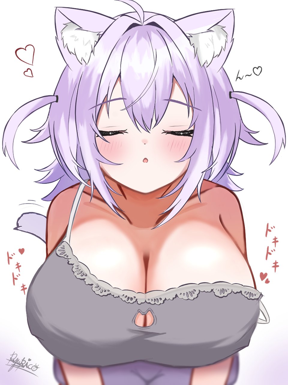 1girls, ahoge, animal ear fluff, animal ears, blush, breasts, cat cutout, cat ears, cleavage, cleavage cutout, closed mouth, clothing cutout, facing viewer, female, hair intakes, heart, hololive, hololive gamers, hololive japan, huge breasts, incoming kiss, nekomata okayu, open mouth, purple hair, ryuuupico 24, short hair, signature, simple background, solo, upper body, virtual youtuber, white background