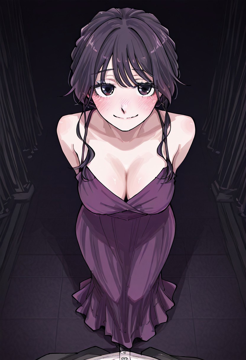 ai generated, bare shoulders, blush, breasts, cleavage, female, full body, hands behind head, kaoru hana wa rin to saku, pov, purple dress, staring at viewer, waguri kaoruko