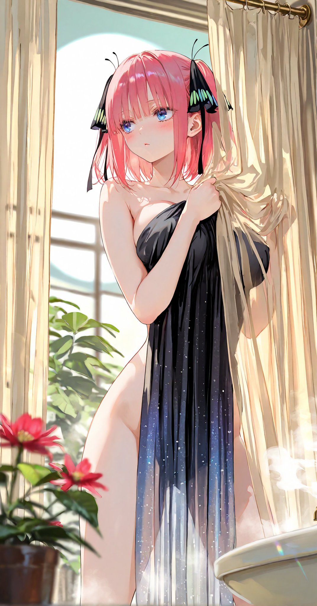 1girls, ai generated, big breasts, breasts, busty, butterfly hair ornament, cleavage, completely nude, covering, covering self, curtains, curvy, female, female only, flower, flower pot, go-toubun no hanayome, hair ribbon, holding clothing, nakano nino, nude, pink hair, ribbon, shion yamabuki, short hair, solo, wide hips
