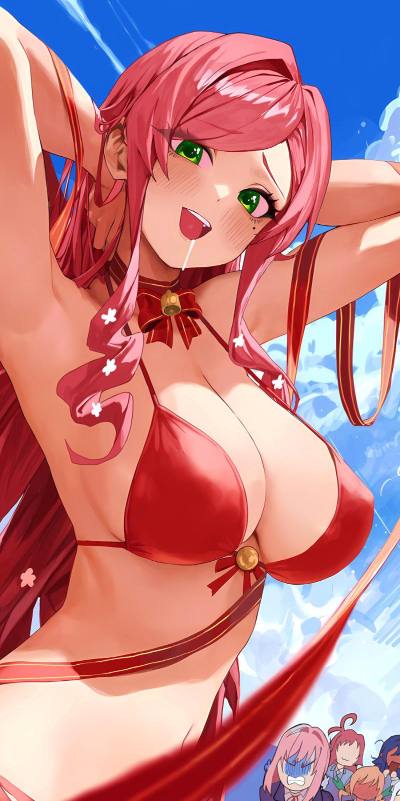 beach, big breasts, big thighs, bikini, bikini top, breasts, female, green eyes, hanazono hahari, hanazono hakari, inda karane, kimi no koto ga dai dai dai dai daisuki na 100-nin no kanojo, pink, pink hair, saliva, slime, tight clothing, yakuzen kusuri, yoshimoto shizuka