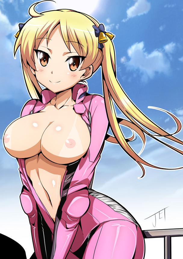 bakuon!! bell biker_clothes bikesuit blonde_hair blush bow breasts brown_eyes female hair_bell hair_ornament hairbow jet_yowatari large_breasts long_hair looking_at_viewer navel nipples signature smile solo suzunoki_rin tan tanline tied_hair twintails