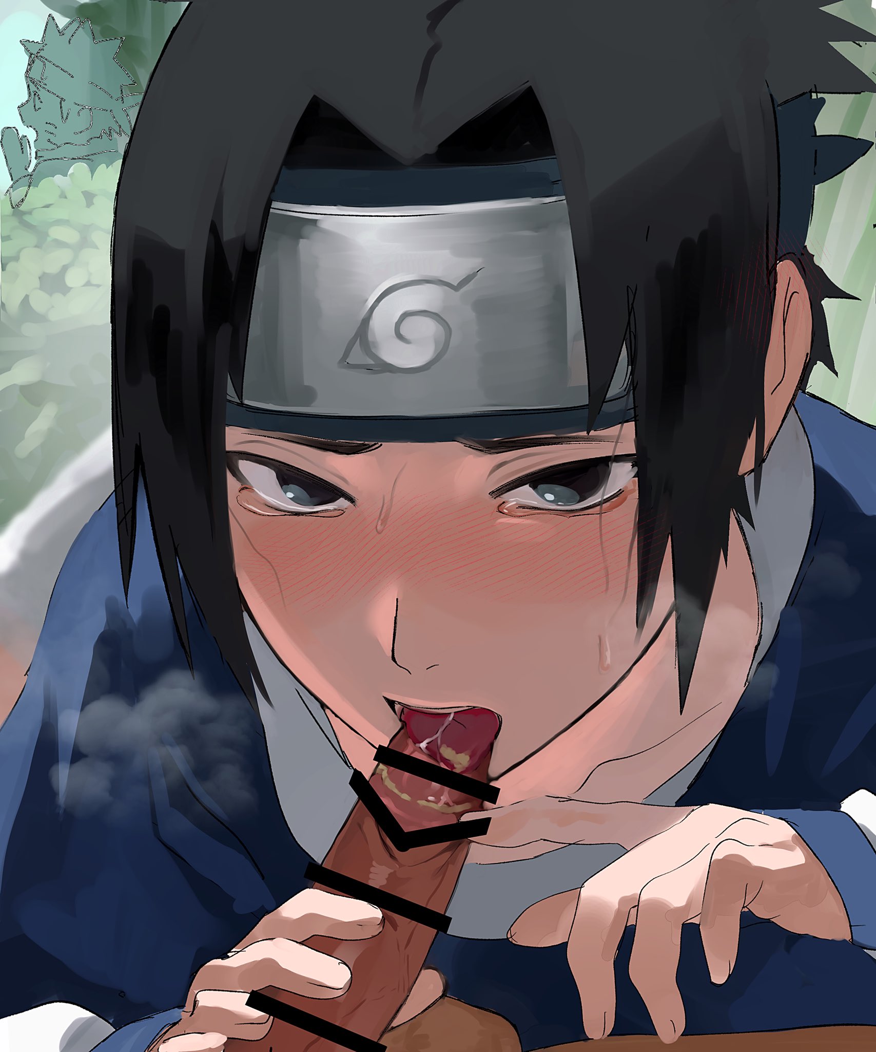 3boys, alternate version available, black eyes, black hair, blowjob, blush, censor bar, censored, censored penis, clothed, clothed sex, clothing, comic, cuckold, dark skin, dark-skinned male, faceless male, facial markings, fellatio, female, forehead protector, foreskin, forest, gay, gay sex, headband, hi res, hiding, hiding sex, high resolution, highres, holding penis, interracial, konohagakure symbol, licking, licking penis, light skin, light-skinned female, light-skinned male, male, male focus, male only, male pov, male/male, naruto, naruto (classic), naruto (series), naruto uzumaki, nature, nature background, oral, outdoors, outside, pale skin, pale-skinned female, penis, pov, pov eye contact, pov male, public, public sex, sasuke uchiha, shonen jump, shounen jump, shueisha, smegma, smegma on tongue, spiky hair, stealth sex, sweat, sweatdrop, sweating, teenage male, teenager, tongue, tongue out, touching penis, twink, uchiha sasuke, uncircumcised, uzumaki naruto, very high resolution, weekly shonen jump, weekly shounen jump, whisker markings, whiskers, yaoi, yururu zu00