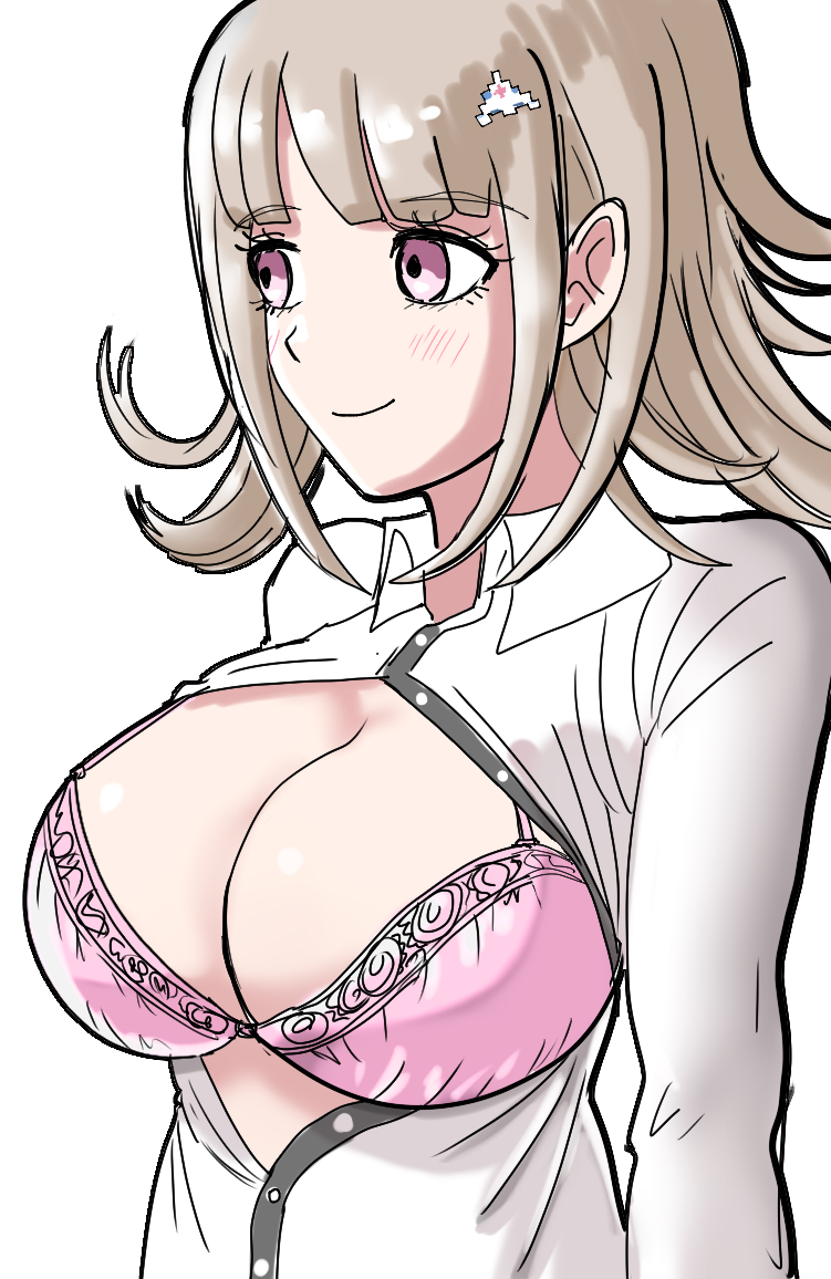 adorable, adorable face, adorable girl, big breasts, blush, bra, breasts, brown hair, busty, busty female, cleavage, closed mouth, collared shirt, cute, cute but busty, cute face, cute female, danganronpa, danganronpa 2: goodbye despair, female, hair ornament, huge breasts, large breasts, long sleeves, medium hair, nanami chiaki, pink bra, pink eyes, samebousii, shiny skin, shirt, smile, solo, two-tone shirt, underwear, upper body, voluptuous, voluptuous female, white shirt