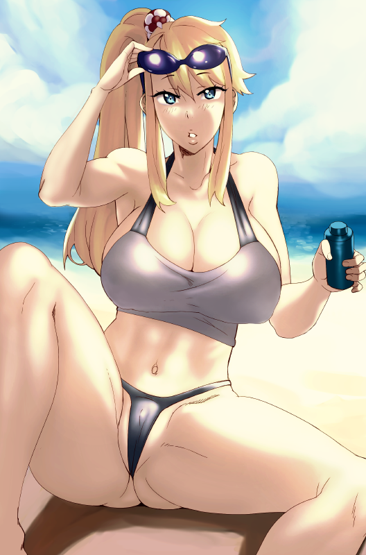 beach, bikini, blonde hair, blue eyes, breasts, cleavage, female, large breasts, madkaiser, metroid, nintendo, outdoors, ponytail, samus aran, sitting, solo, sunglasses, tied hair