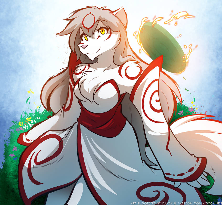 1girls amaterasu amaterasu_(cosplay) amaterasu_(okami) anthro breasts capcom chest_tuft cosplay crossover deviantart drawing ear female furry grey_hair japanese_clothes japanese_mythology kimono long_hair looking_at_viewer okami okami_(capcom) pink_nose raine_silverlock red_accents red_and_white_clothing red_markings silver_hair smile smiling_at_viewer tail tom_fischbach twokinds white_body white_fur wolf wolf_girl yellow_eyes