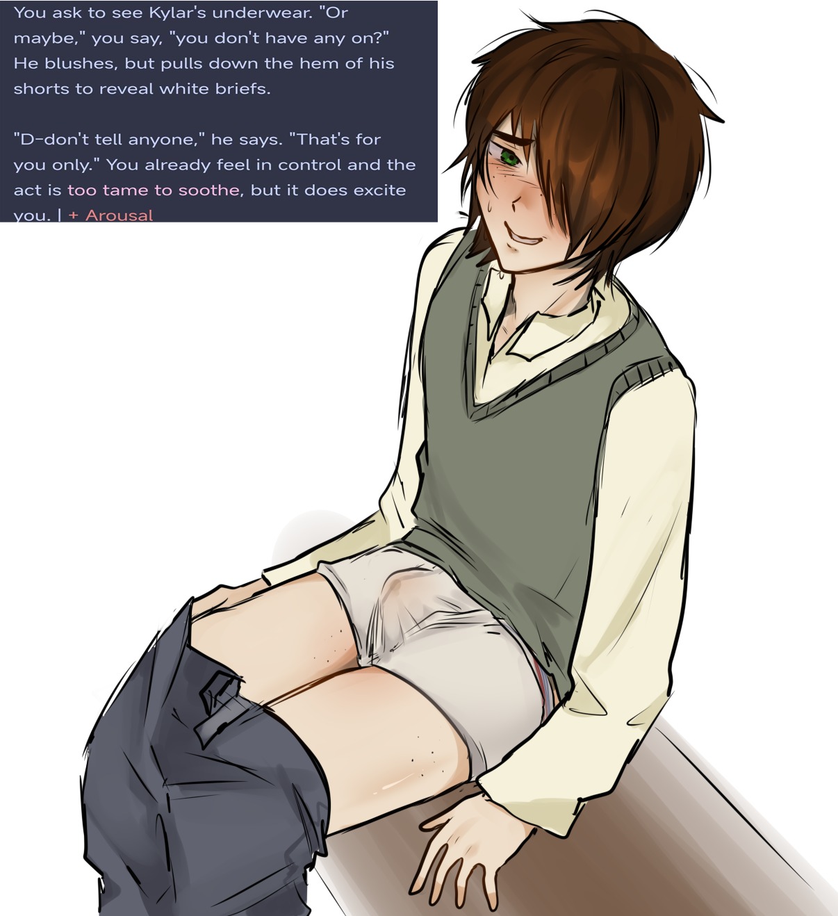 bulge, bulge through clothing, degradation, degrees of lewdity, doll, hysterical, kylar (dol), male, original character, public, public exposure, shy