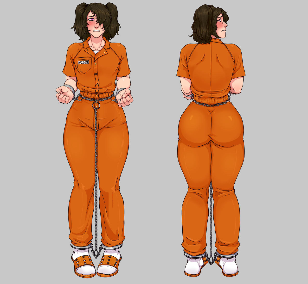 1boy, 1femboy, ass, ass focus, back, big ass, big butt, black hair, blush, buttons, chains, cuffs, dark brown hair, dark hair, femboy, femboy focus, femboy only, front view, handcuffs, inmate, jail, jumpsuit, large ass, male, male only, marmotap, medium hair, orange clothing, overweight, overweight male, prison, prison clothes, prison jumpsuit, prison uniform, prisoner, purple eyes, rear view, restrained, restrained arms, restrained legs, restrained wrists, restraints, sandals, scared, shackles, socks, teeth showing, thick, thick ass, thick thighs, uniform, waist chain, white socks, wide hips, wide shoulders, worried