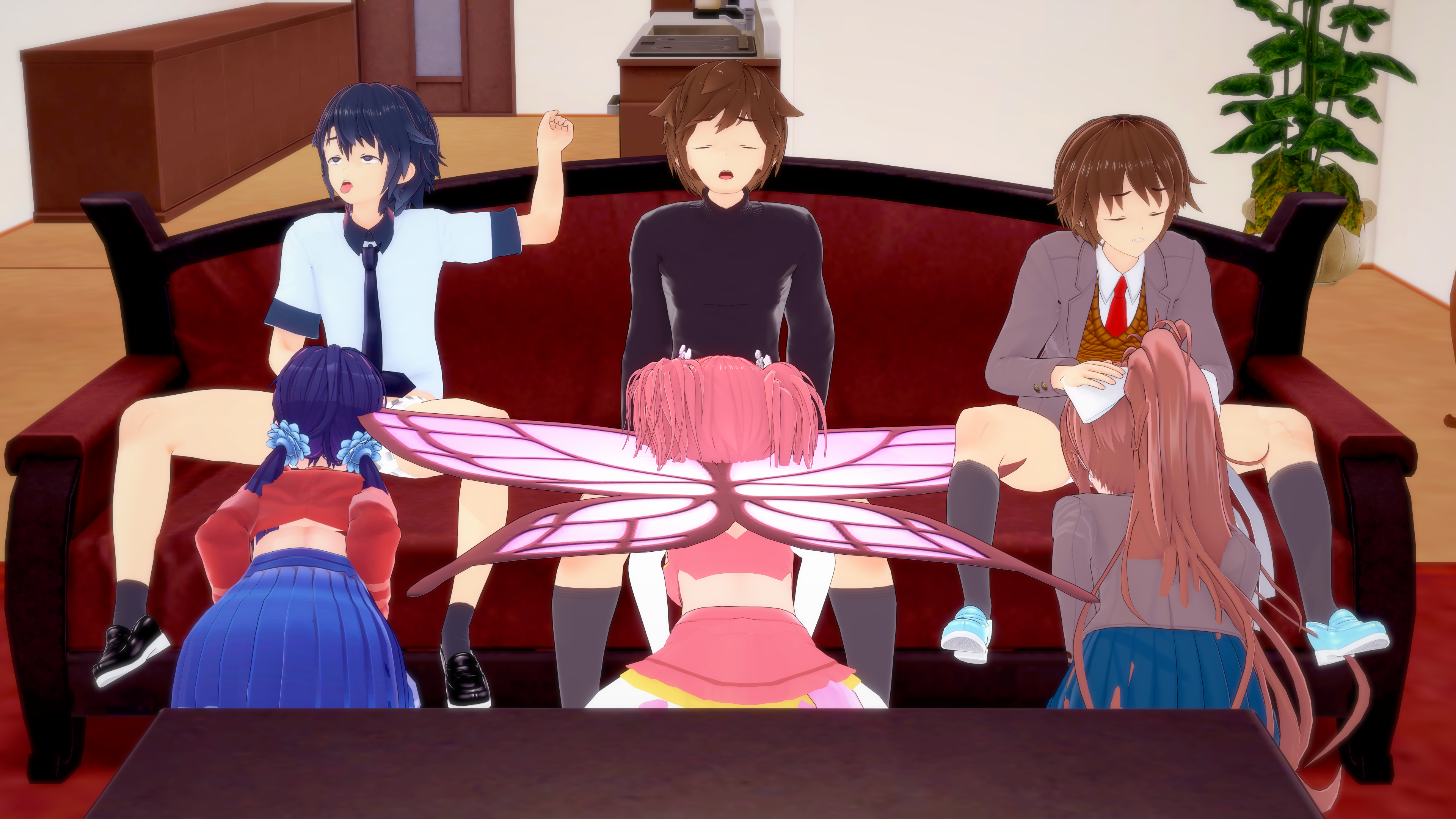 3boys, 3d, 3girls, blowjob, blue eyes, blue hair, brown hair, contest, coral brown hair, crazy mita (miside), crossover, cute boys, doki doki literature club, edit, edited, fairy, fairy wings, female, high ponytail, hornymaai, huniepop, implied blowjob, koikatsu, kyu sugardust, love fairy, male, male ahegao, male focus, male moaning, male pleasured, mc (doki doki literature club!), mc (miside), meme, meme reference, miside, mita (miside), monika (doki doki literature club), penis, pink hair, sucking cock, sucking penis, teeth clenched, twintails, white ribbon, who gets the best blowjob, who's getting the best head? (meme)