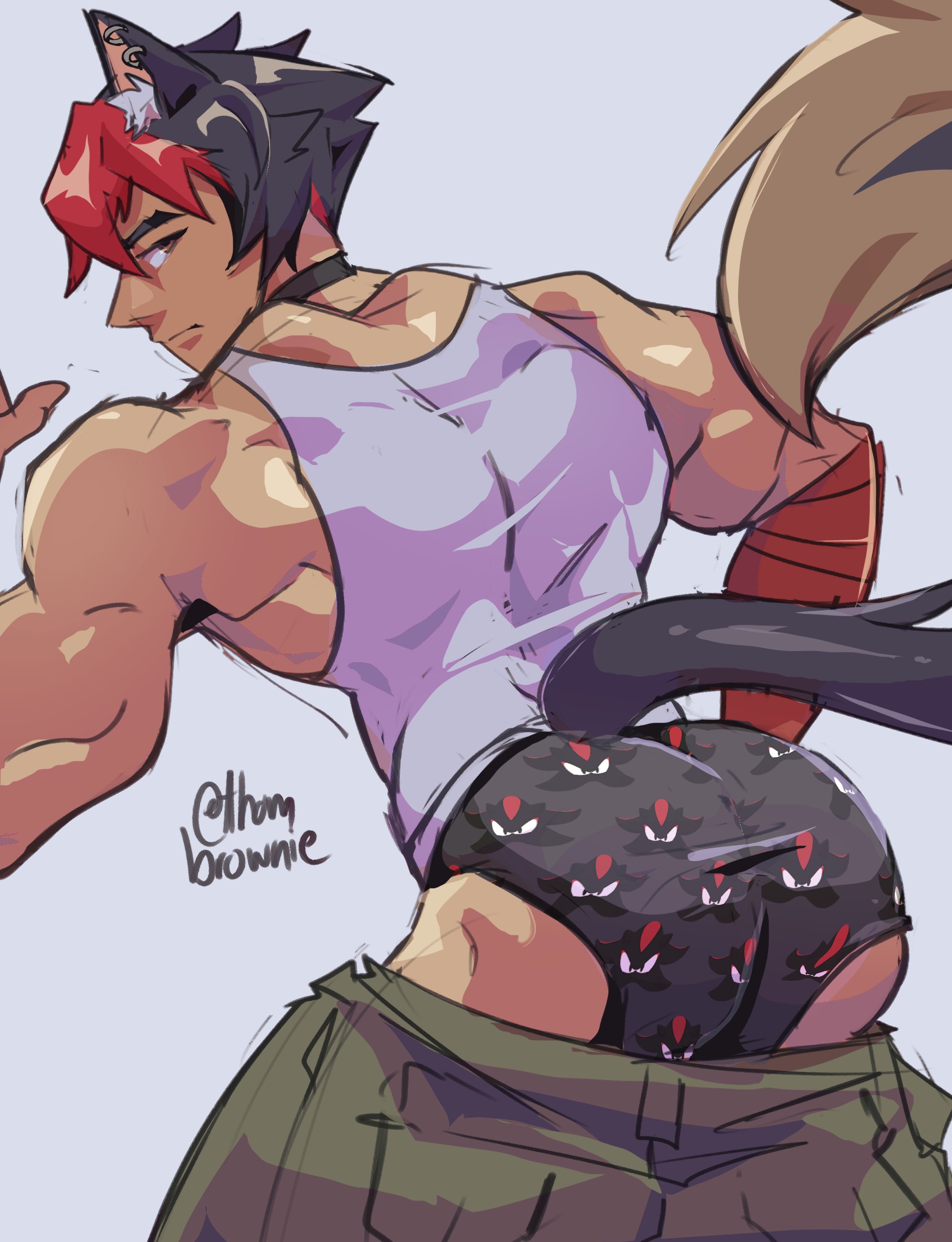 1boy, abs, animal ears, ass, bara, biceps, big ass, big pecs, black hair, briefs, clothed, collar, dog collar, gay, kemonomimi, komano manato, male, male only, muscular, muscular chest, muscular male, pants down, pecs, penis, pubic hair, red hair, scar, scars, shadow the hedgehog, showing ass, showing off, solo, solo male, sonic (series), tail, tank top, thombrownie, two-tone hair, underwear, undressing, wide shoulders, yaoi, zenless zone zero