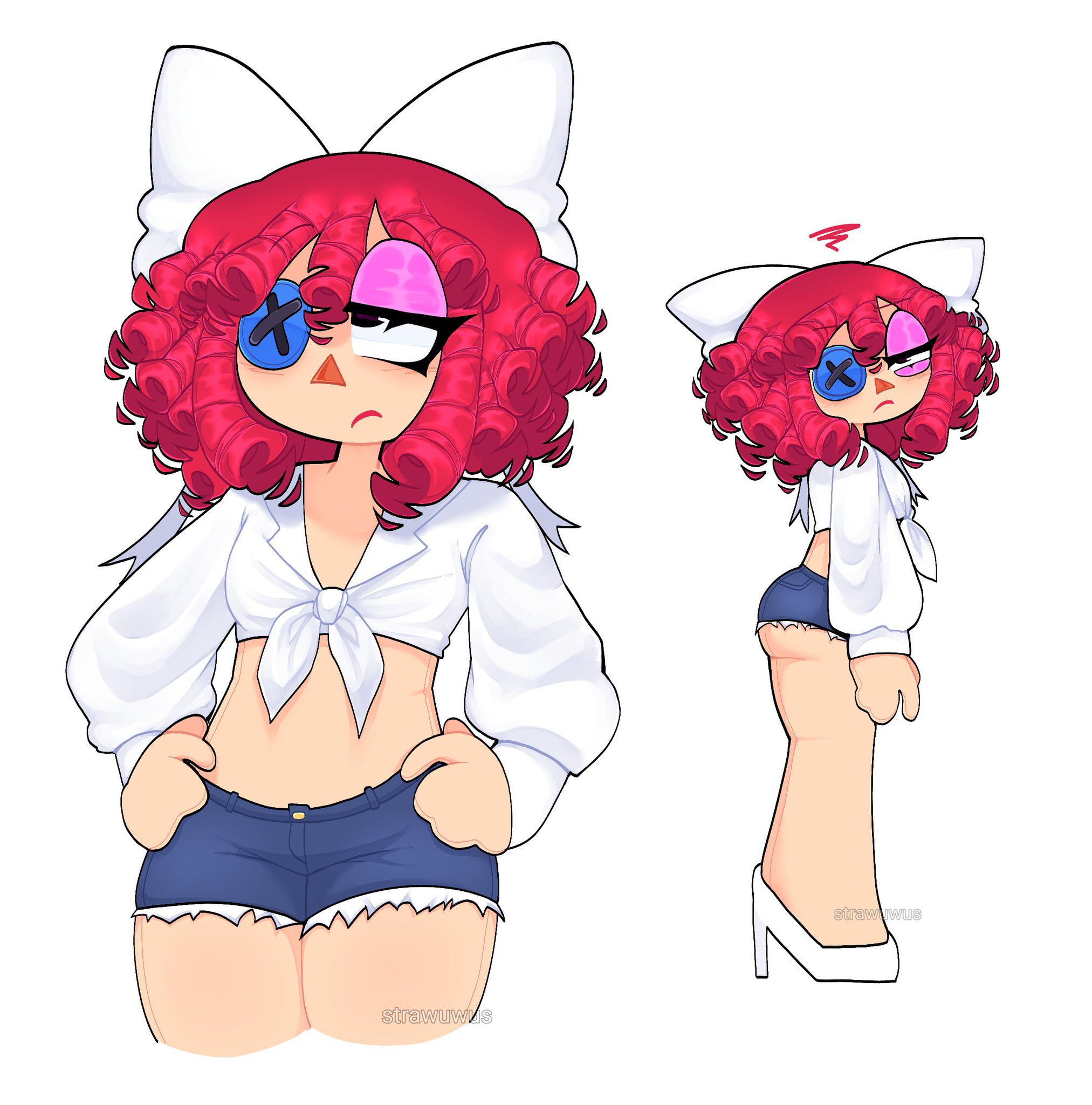 angry expression, ass, booty shorts, crop top, female, glitch productions, jean shorts, ragatha (the amazing digital circus), stomach, strawuwus, the amazing digital circus