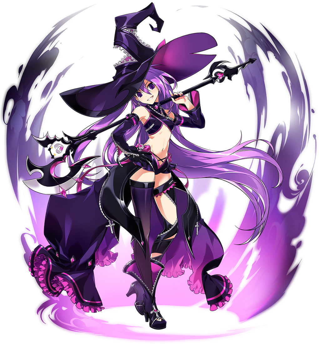 aisha_(elsword) elsword female_only oz_sorcerer_(elsword) purple_eyes purple_hair solo solo_focus wand witch_hat