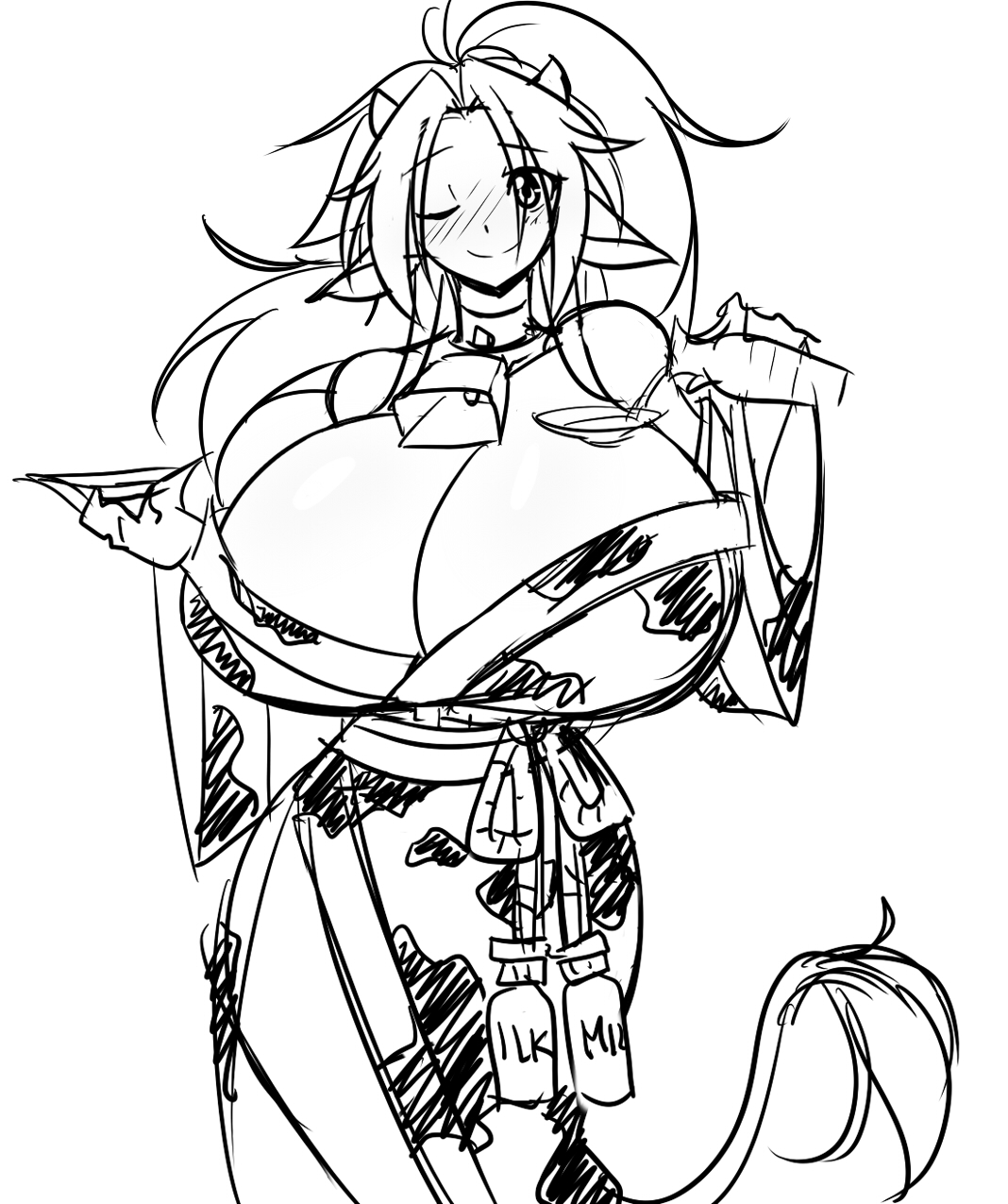 1girls, breasts, breasts bigger than head, closed eye, cow ears, cow girl, cow horns, cow tail, female, female only, huge breasts, hyper, hyper breasts, line art, looking at viewer, matsu-sensei, mattie (matsu-sensei), monochrome, solo, solo female, top heavy, yukata