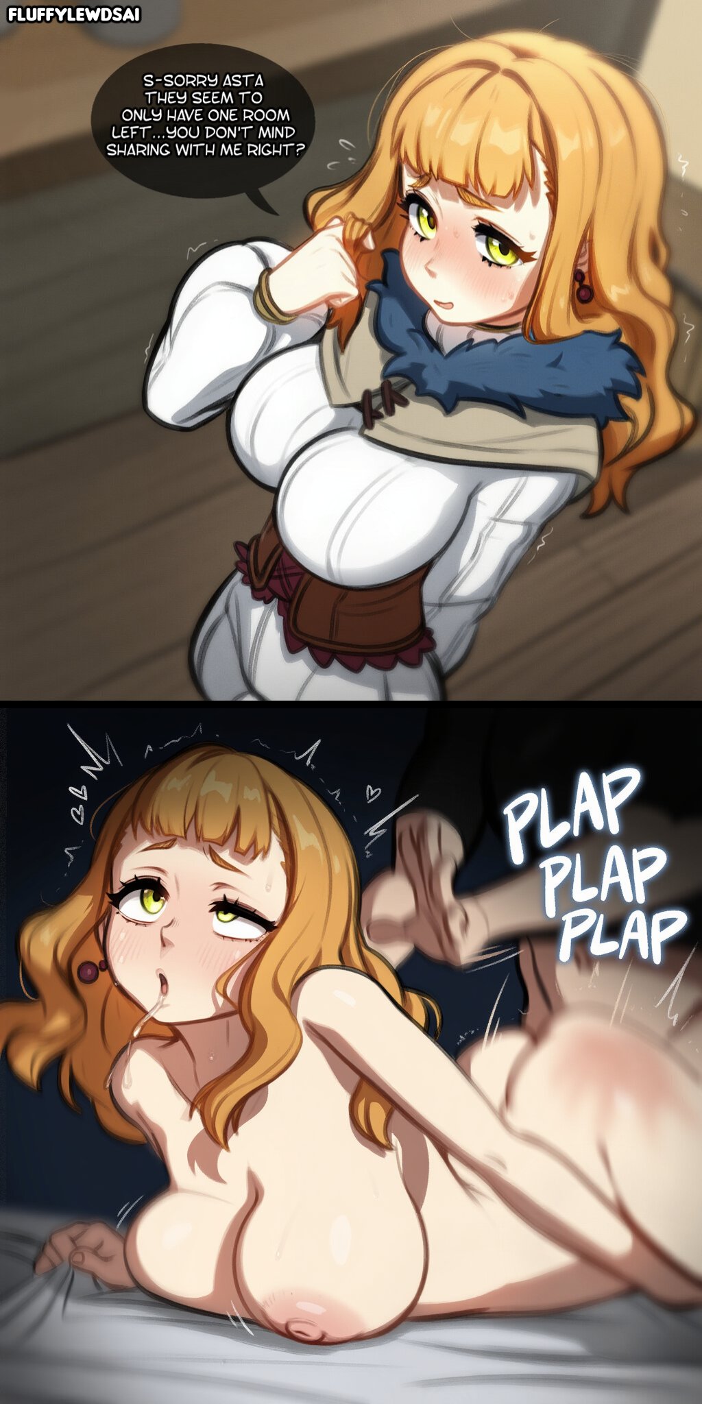 1boy, 1girls, ai generated, ass, asta (black clover), black clover, breasts, english text, female, female focus, fluffylewdsai, large breasts, light skin, light-skinned female, looking at viewer, male, mimosa vermillion, nude, nude female, plap, sex, text