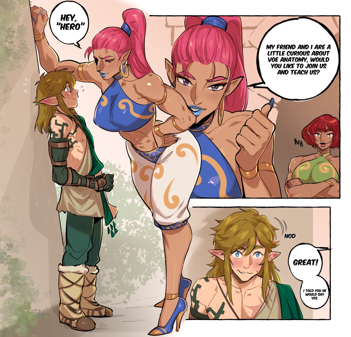 1boy, 2d, 2d (artwork), 2girls, archaic tunic, archaic warm greaves, blue lipstick, blue nails, comic, confusion, dark-skinned female, female, gerudo, high heels, imminent sex, imminent threesome, inviting to sex, kukumomo, link, link (tears of the kingdom), lipstick, male, muscular, muscular female, nail polish, nintendo, pretty boy, red hair, shy, size difference, suggestive, taller female, tears of the kingdom, the legend of zelda