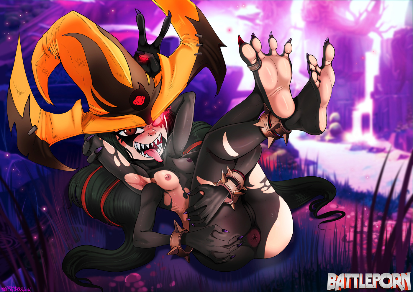 1girls, 4 arms, anus, areolae, ass, battleborn, black hair, breasts, chaos witch, claws, dark skin, feet, female, female only, first porn of character, first porn of franchise, gearbox software, long hair, looking at viewer, multi arm, multi limb, nipples, nude, orendi (battleborn), presenting, pussy, red eyes, shadman, sharp teeth, small breasts, solo, spread ass, toes