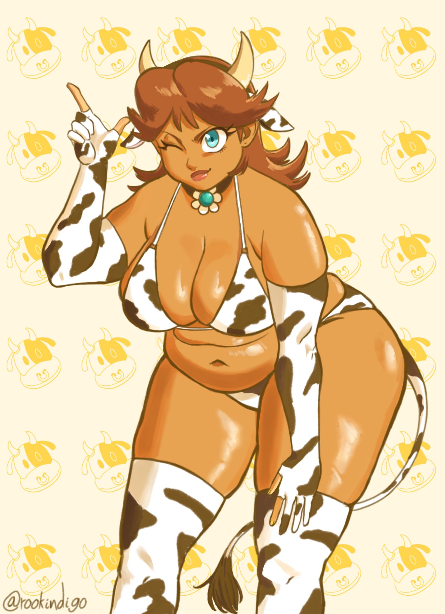 1girls, animal ears, animal print, arm behind head, armpits, bell, bikini, blue eyes, blue sky, blush, border, breasts, brown hair, chubby, chubby female, cleavage, collar, commentary, cow ears, cow girl, cow print, cow print bikini, cow print thighhighs, cow tail, cowboy shot, female, finger to cheek, gloves, highres, horns, large breasts, long hair, looking at viewer, mario (series), navel, neck bell, nintendo, one eye closed, orange bikini, orange thighhighs, outside border, parted lips, princess daisy, print bikini, print thighhighs, red collar, rookindigo, side-tie bikini bottom, sky, solo, standing, stomach, super mario bros., swimsuit, tail, thighhighs, white gloves, wide hips