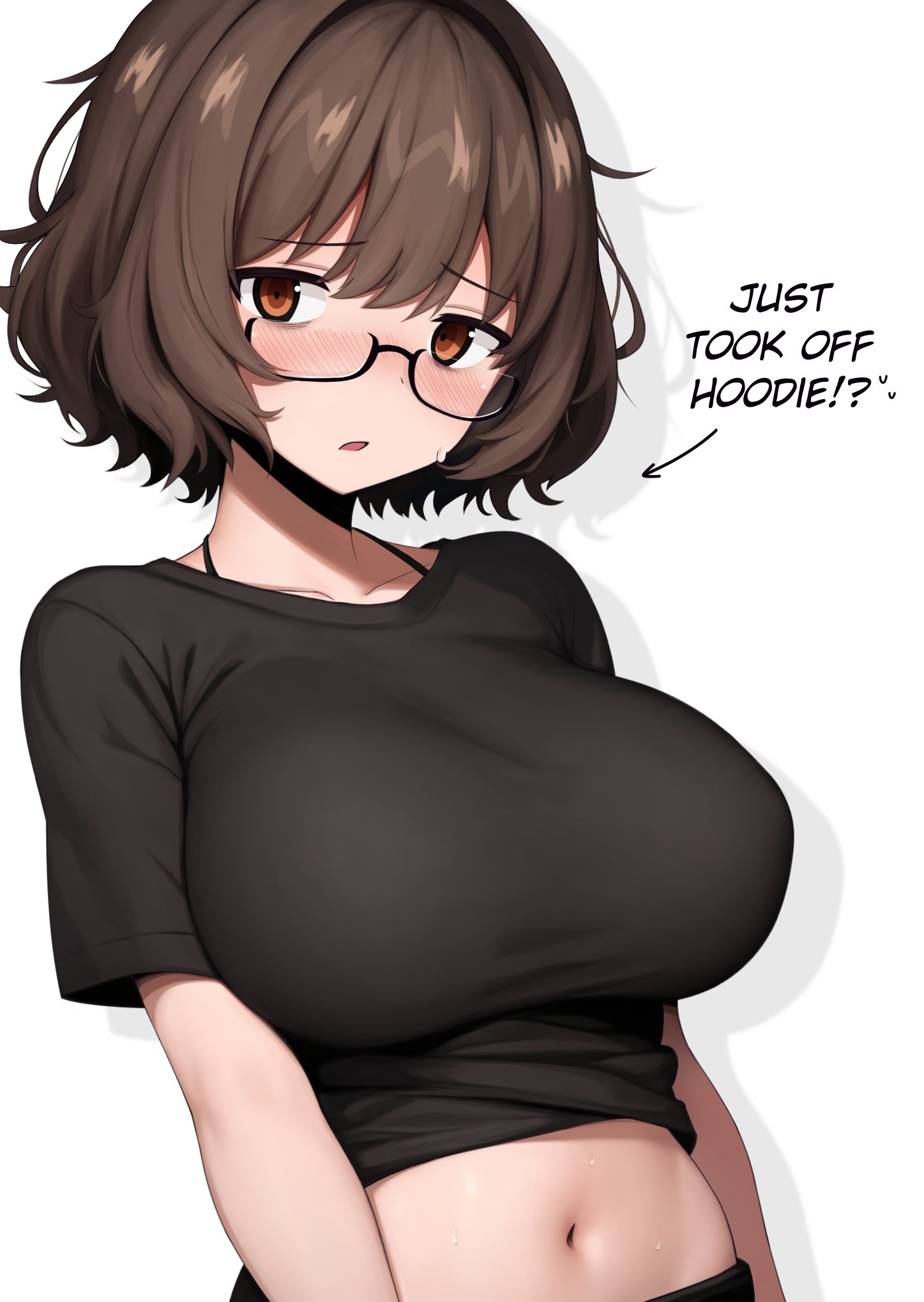 aki (04119 snail), arms, belly, belly button, big breasts, breasts, brown eyes, brown hair, female, glasses, mikoscrub, shirt, shorts, snale (04119 snail), white skin