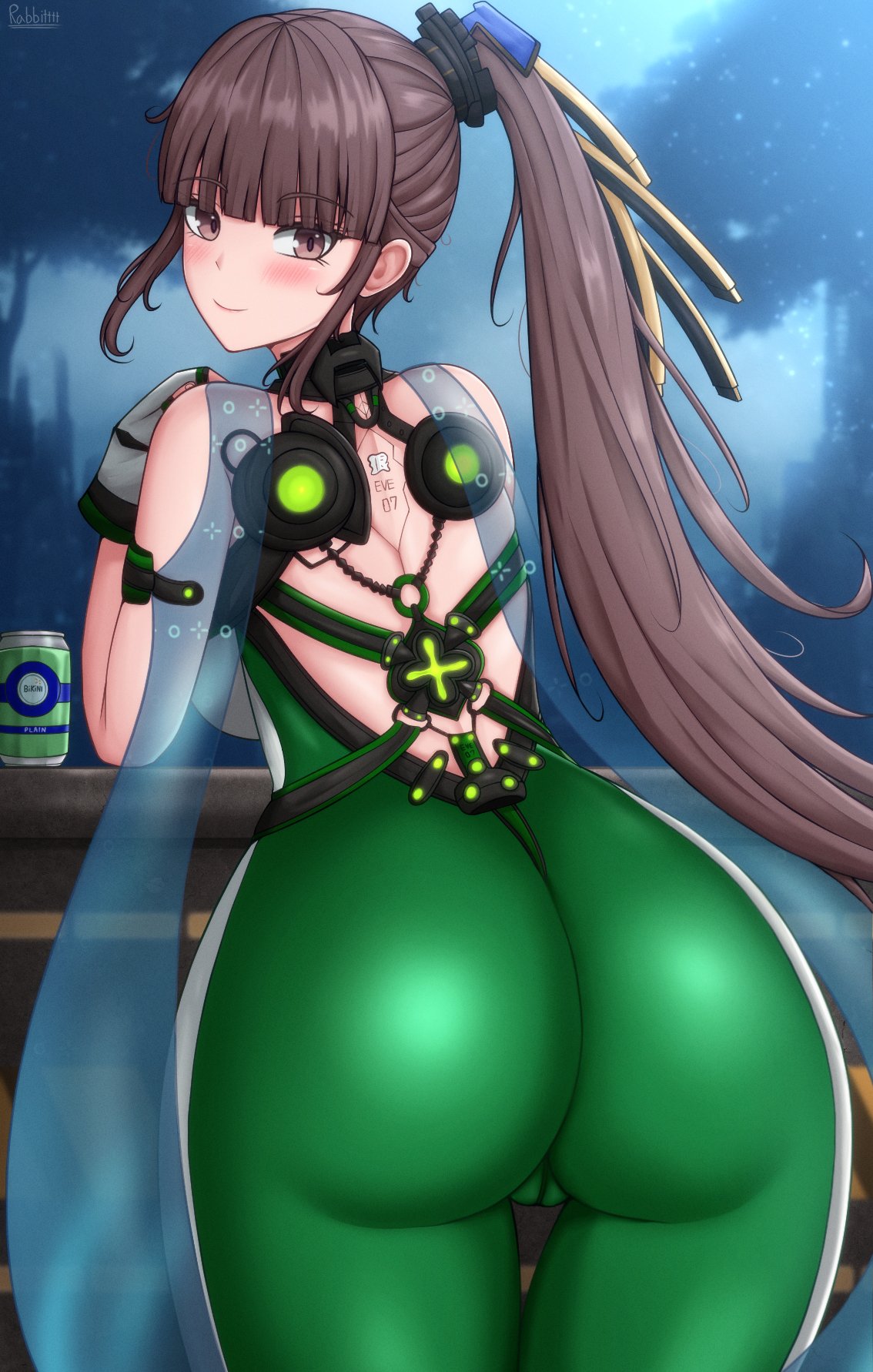 artist name, ass, ass focus, beer can, blush, breasts, cameltoe, character name, eve (stellar blade), female, from behind, goddess of victory: nikke, huge ass, looking back, medium breasts, pussy, rabbitttt, skin tight, smile, stellar blade, thick thighs, wide hips