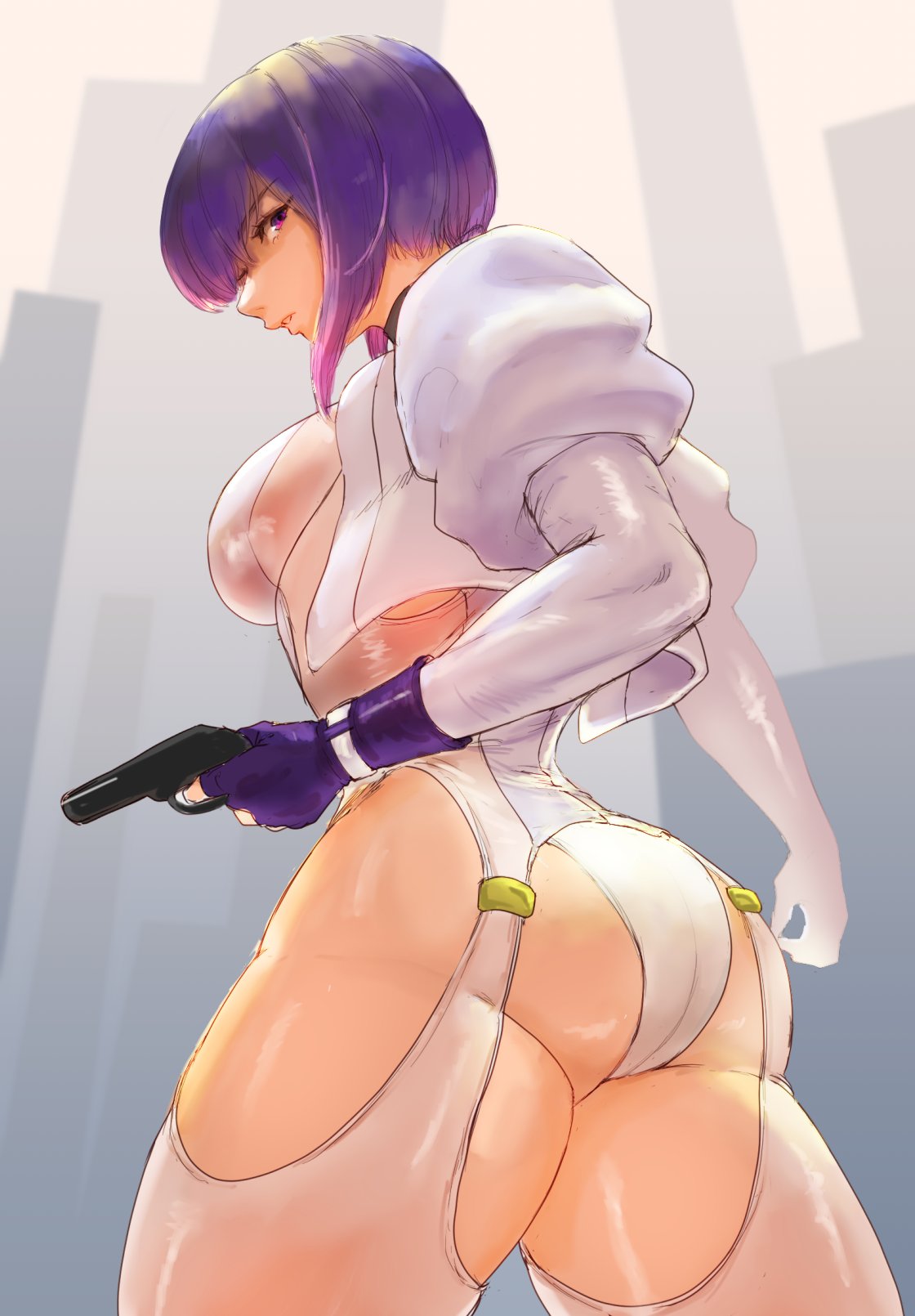 ass, female, fingerless gloves, from below, ghost in the shell, gloves, gun, handgun, highres, jacket, juicy butt, kusanagi motoko, leotard, mayomakadays, medium hair, purple hair, red eyes, solo, thighs, weapon, white jacket, white leotard