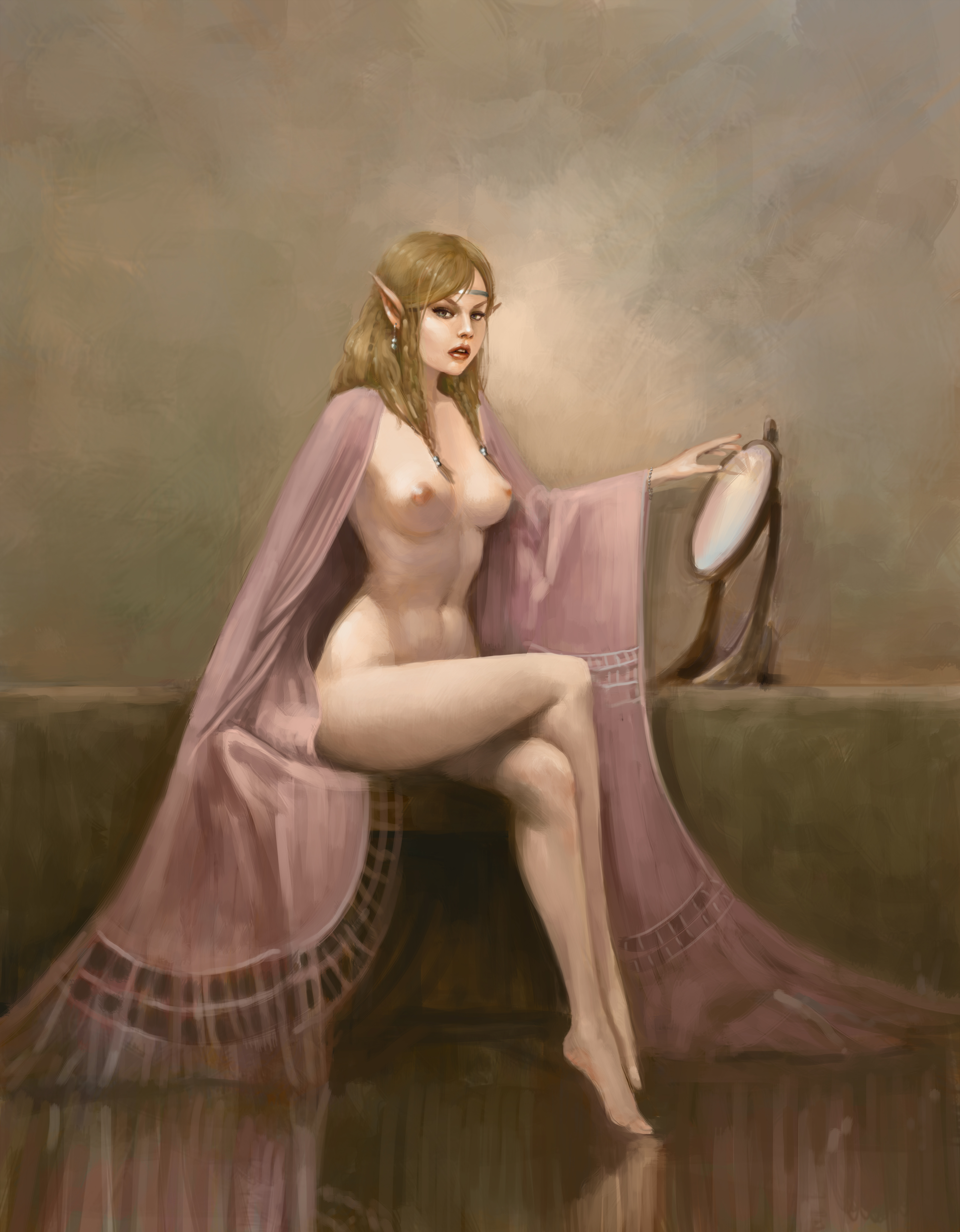 1girls, absurdres, barefoot, blonde hair, blue eyes, bracelet, breasts, casual, cloak, clothing, crossed legs, earring, female, highres, humanoid, hylian, long hair, looking at viewer, mirror, naked cloak, navel, nintendo, nipples, open mouth, outerwear, painting (artwork), pale skin, pointy ears, portrait, princess zelda, solo, the legend of zelda, yneddt