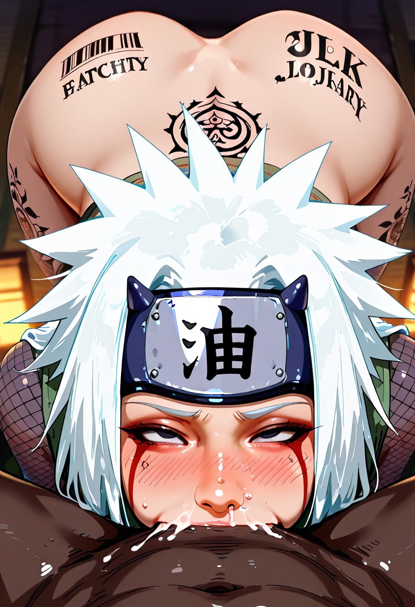 ai generated, ai text, blacked male, blowjob, cock hungry, cock slap, cock worship, cum, cum in mouth, cum on face, dark skin, dark-skinned male, deepthroat, dilf, faceless, fellatio, femboy, femboy dilf, gay, huge cock, interracial, jiraiya, long hair, male, male/male, muscular, muscular male, naruto, naruto (series), penis, tattoos, tremble lines, white hair, yaoi