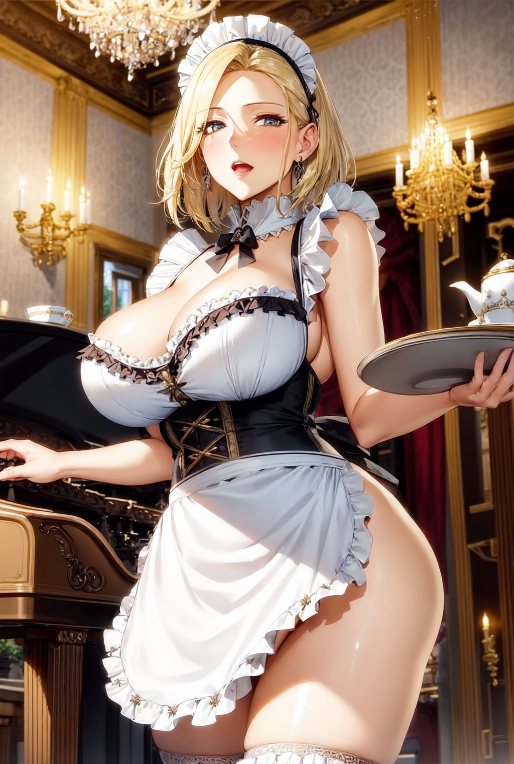 1girls 2023 ai_generated annie_leonhardt apron attack_on_titan blonde_hair blue_eyes cleavage clothed_female female_focus hi_res maid maid_collar maid_headdress maid_uniform mansion mature_female milf mouth_open serving_tray short_hair stable_diffusion thighhighs voluptuous_female