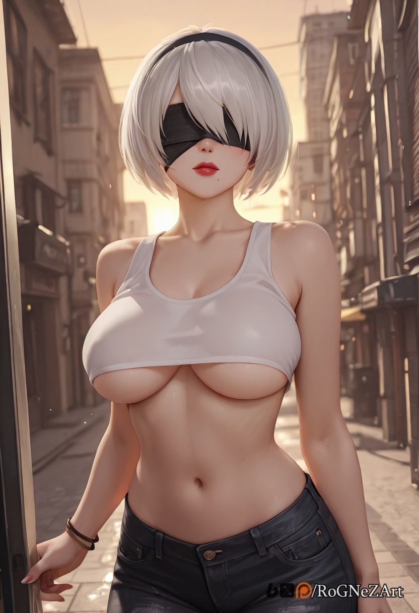 2025, ai generated, bare shoulders, black blindfold, black hairband, blindfold, bracelet, breasts, building, city, cleavage, collarbone, covered eyes, crop top, denim, facing viewer, female, female focus, female only, hairband, jeans, jewelry, large breasts, lips, midriff, mole, mole under mouth, navel, nier, nier (series), nier: automata, outdoors, pants, rognezart, short hair, solo, tank top, underboob, white hair, yorha 2b