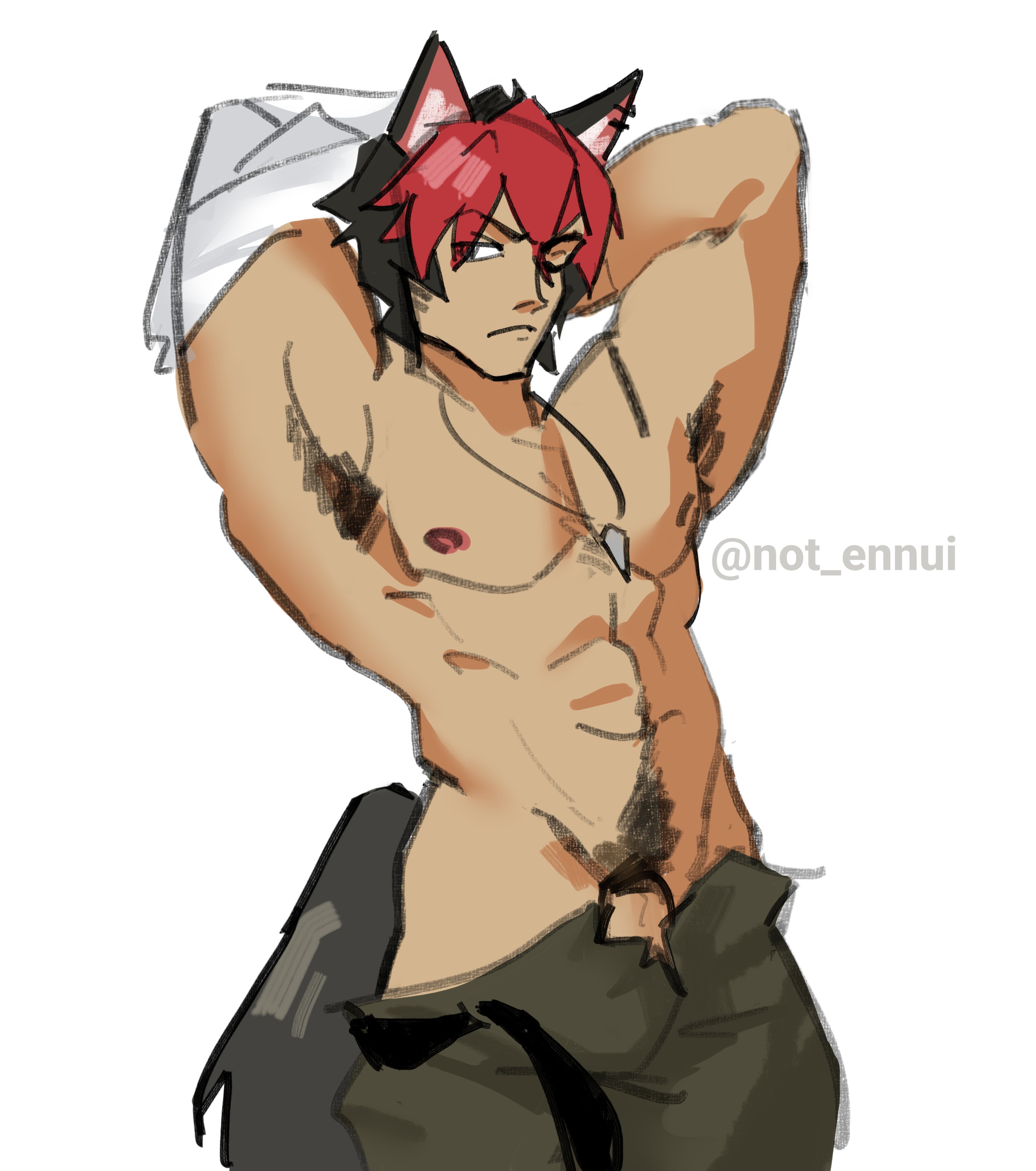 1boy, abs, animal ears, armpit hair, armpits, arms up, bara, barely visible penis, big pecs, black hair, bulge, clothed, flaccid, flaccid penis, gay, hairy, hairy armpits, happy trail, kemonomimi, komano manato, male, male only, muscular, muscular chest, muscular male, nipples, not ennui, one eye closed, pecs, penis, pubic hair, red hair, serious, solo, solo male, tank top, text, two-tone hair, undressing, yaoi, zenless zone zero