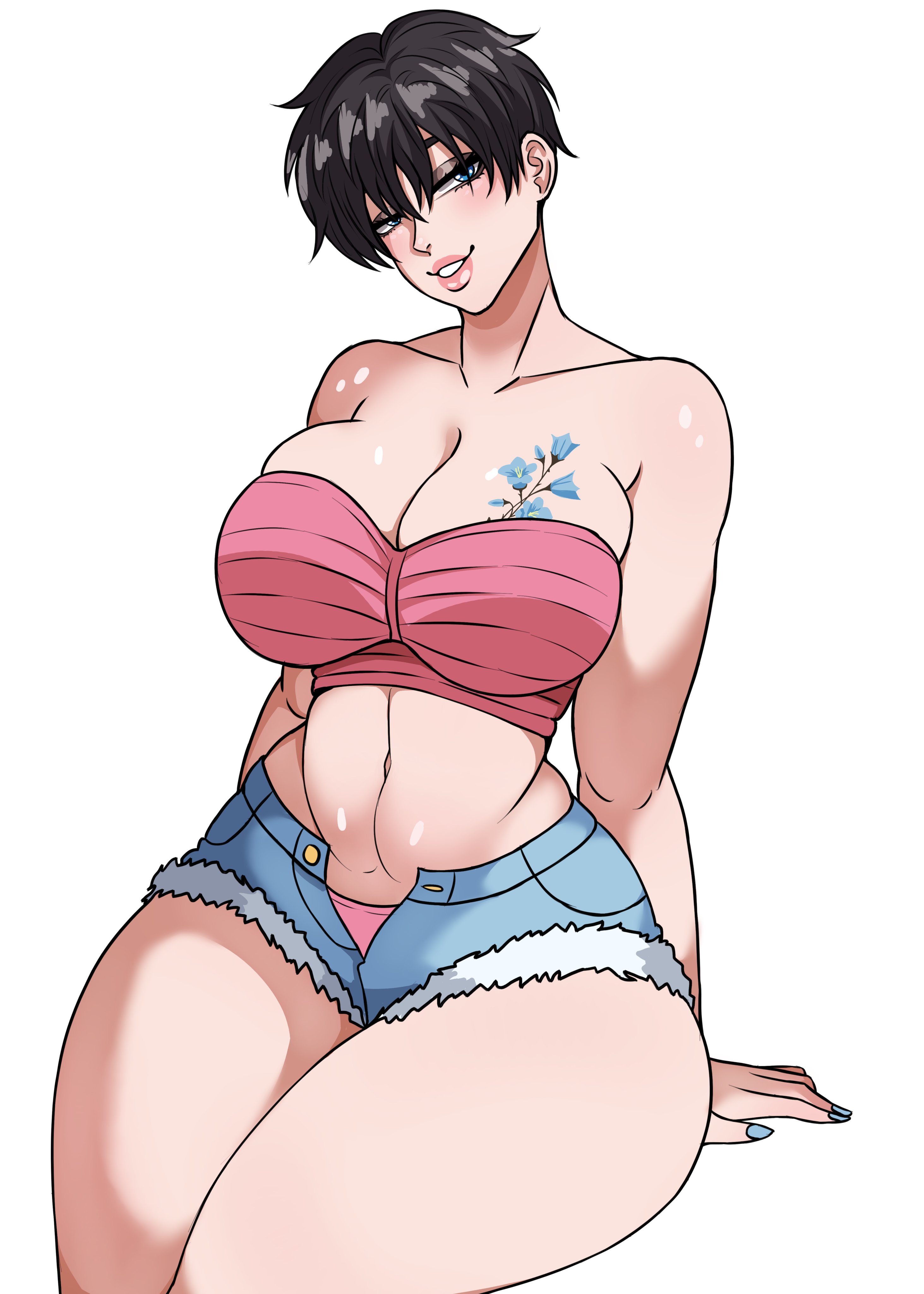 1girls, breast tattoo, breasts, demon dog, female, huge breasts, looking at viewer, original character, short hair, tattoo, thick thighs