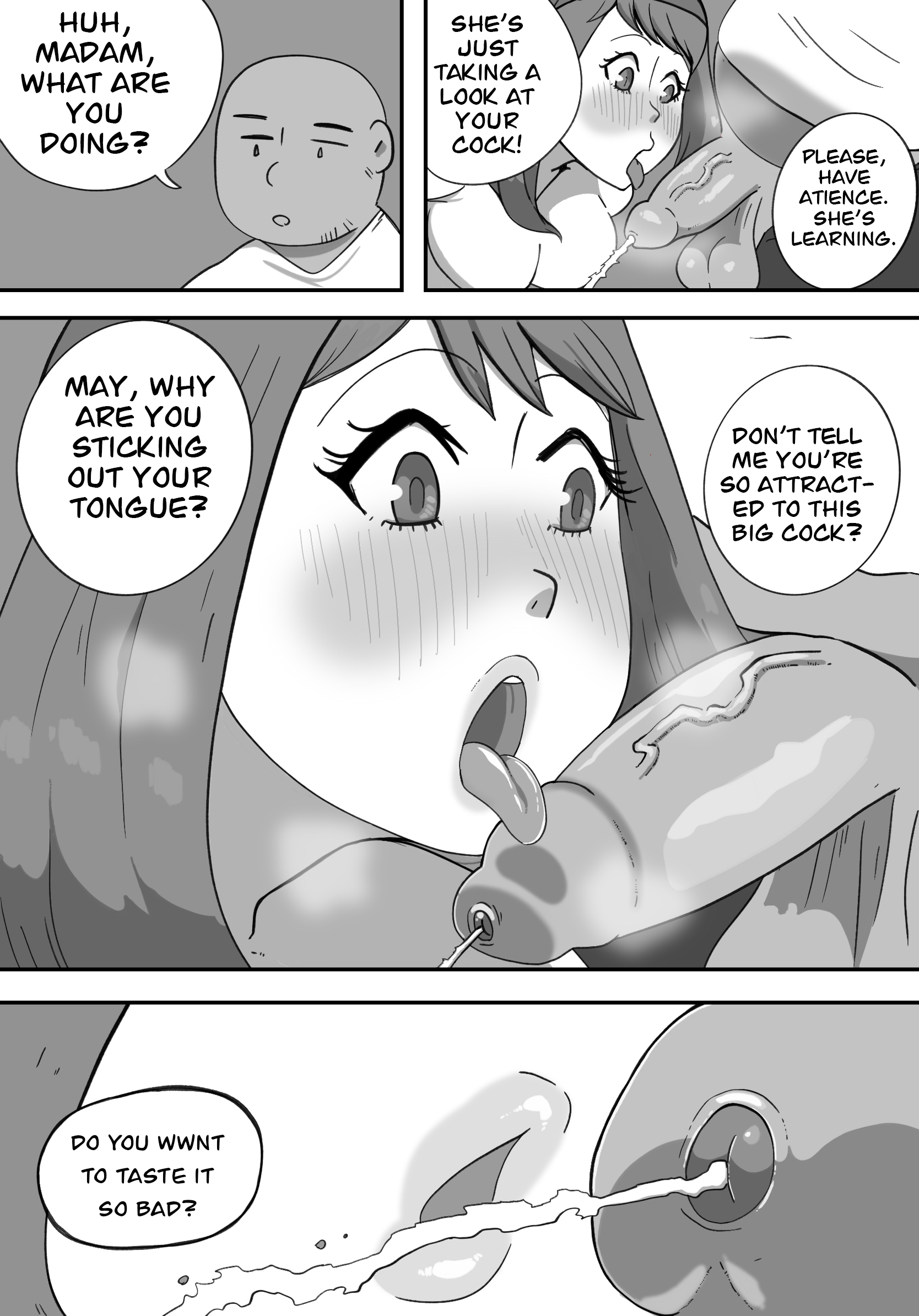 1girls, 2boys, balls, blush, breasts, brendan (pokemon), comic, cuckold, dialogue, english text, female, greyscale, hasselnut, heavy blush, hi res, large breasts, licking, licking penis, looking at penis, male, may (pokemon), nintendo, nude, nude female, open mouth, peeing, penis, pokemon, pokemon rse, speech bubble, tongue, tongue out, wolfgang bang