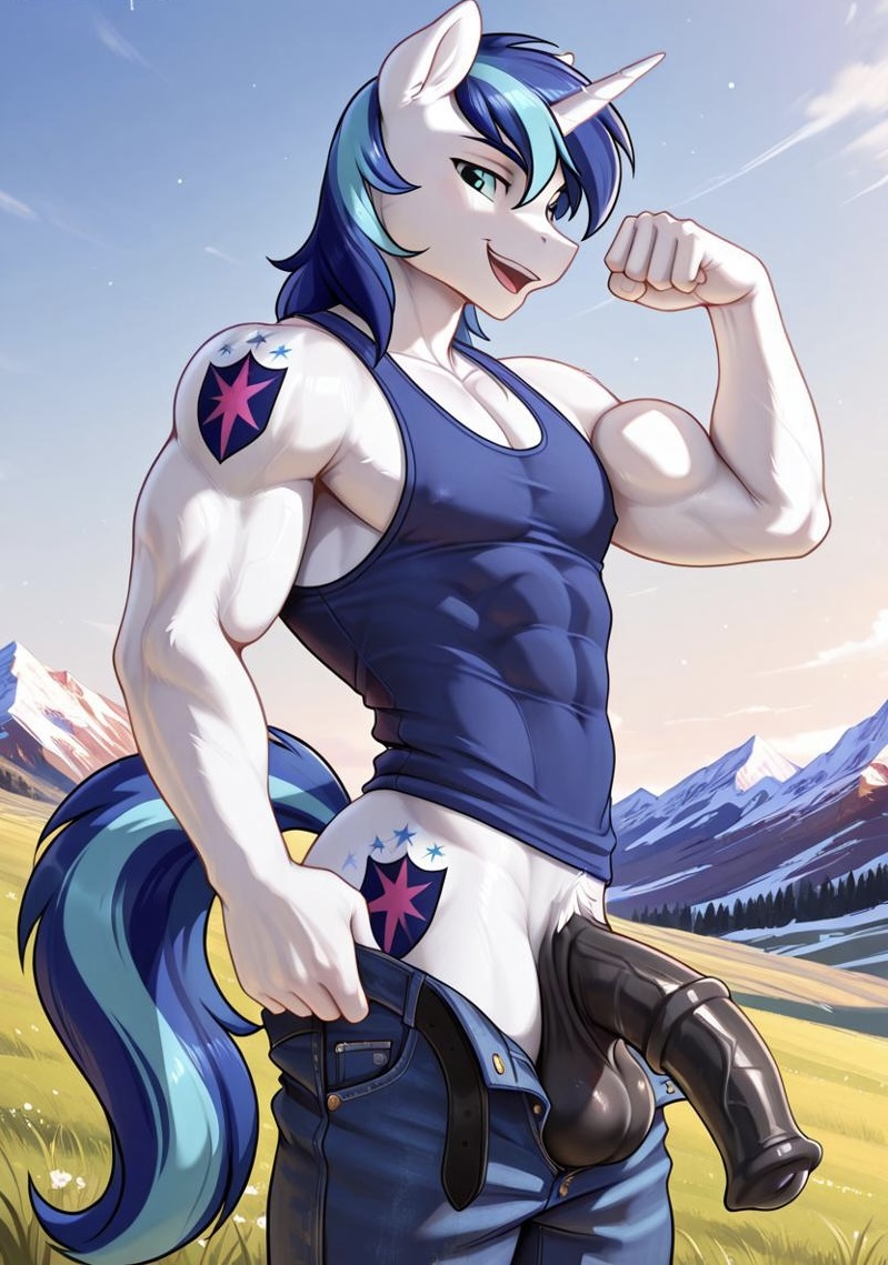 abs, ai generated, anthro, anthro male, balls, biceps, big balls, big penis, blue eyes, blue hair, blush, equine, equine penis, flexing arms, furry, gay, horse, looking at viewer, male, male only, muscular, muscular male, my little pony, nipples, nude, nude male, open mouth, pants down, pecs, penis, shining armor (mlp), smile, tank top, toned body, toned male, twall97, unicorn, unicorn horn