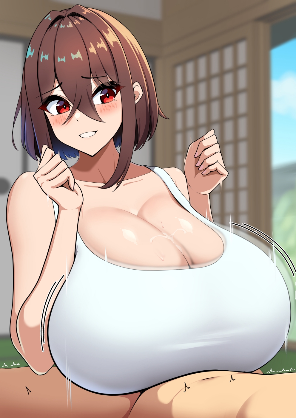 1boy, 1girls, aya (emp/denjipgre), belly, big breasts, blush, breasts, breasts bigger than head, brown hair, emp (denjipgre), female, huge breasts, imminent ejaculation, male, motion blur, motion lines, paizuri, paizuri lead by female, paizuri on lap, paizuri under clothes, paizuri with gigantic breasts, red eyes, smiling at partner, squeezing breasts together, tremble spikes, trembling for pleasure, white tank top