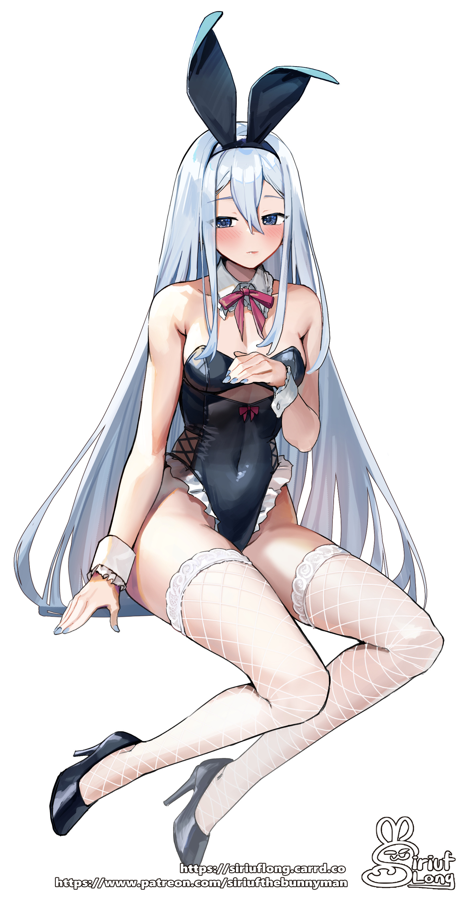 1girls, artist name, artist signature, blue eyes, blush, breasts, bunny ears, detached collar, fake animal ears, female, female only, fishnet legwear, fishnets, hair between eyes, heels, high heels, leotard, light skin, light-skinned female, long hair, nail polish, painted nails, project sekai, siriuflong, small breasts, solo, strapless leotard, thighs, very long hair, white hair, yoisaki kanade