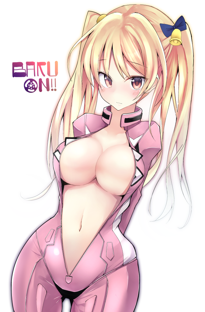 arms_behind_back bakuon!! bell biker_clothes bikesuit blonde_hair blush breasts center_opening copyright_name embarrassed female hair_bell hair_ornament harenchi large_breasts long_hair looking_at_viewer navel orange_eyes simple_background solo suzunoki_rin tied_hair twintails unzipped white_background