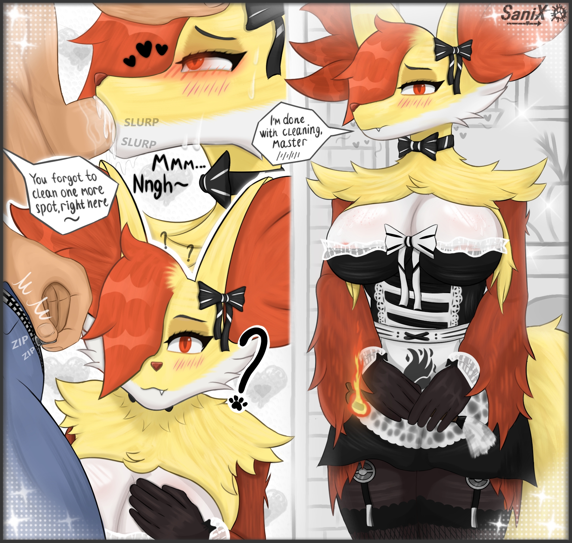 anthro, big breasts, blowjob, bodily fluids, breasts, clothing, deepthroat, delphox, fellatio, female, fire, fox, fur, furry, game freak, glowing eyes, heart symbol, human, line art, maid, maid uniform, male, male human/female anthro, male human/female pokemon, master, nintendo, oral, oral penetration, pokemon, pokemon (species), pokephilia, red fur, saliva, sanix, sex, shy, side view, speech bubble, sweat, sweatdrop, text, trainer, uniform, yellow fur